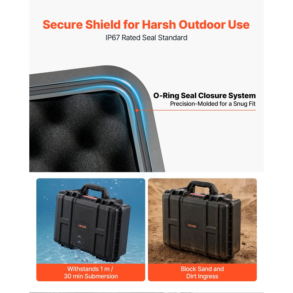 VEVOR Weatherproof Hard Case 470 x 355 x 175 mm All Weather Waterproof, for Drones, Camera and Equipment, Heavy Duty Protective Dry Box with Pre-cut Foam, Soft Rubber Grip, IP67, PP Shell, Black