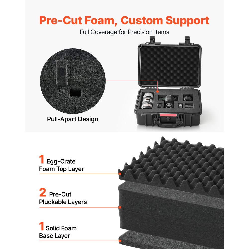 VEVOR Weatherproof Hard Case 470 x 355 x 175 mm All Weather Waterproof, for Drones, Camera and Equipment, Heavy Duty Protective Dry Box with Pre-cut Foam, Soft Rubber Grip, IP67, PP Shell, Black
