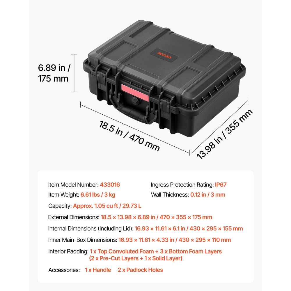 VEVOR Weatherproof Hard Case 470 x 355 x 175 mm All Weather Waterproof, for Drones, Camera and Equipment, Heavy Duty Protective Dry Box with Pre-cut Foam, Soft Rubber Grip, IP67, PP Shell, Black