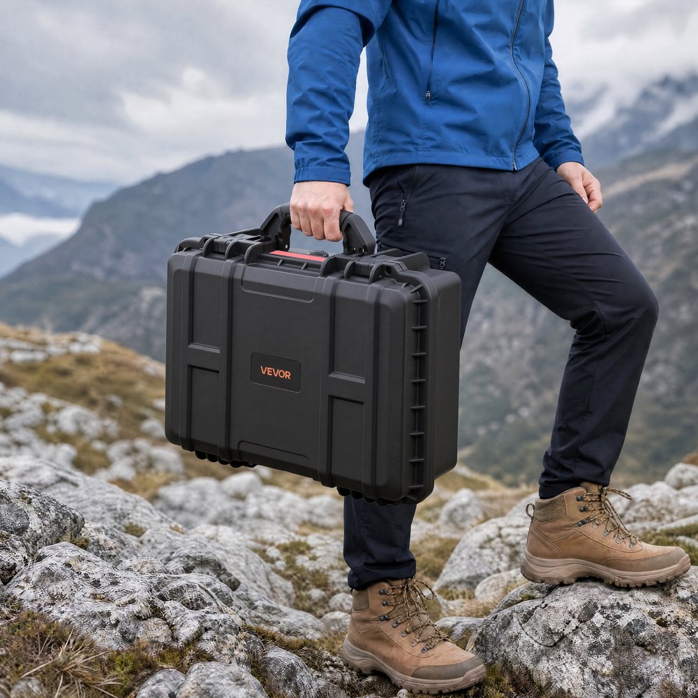 VEVOR Weatherproof Hard Case 470 x 355 x 175 mm All Weather Waterproof, for Drones, Camera and Equipment, Heavy Duty Protective Dry Box with Pre-cut Foam, Soft Rubber Grip, IP67, PP Shell, Black