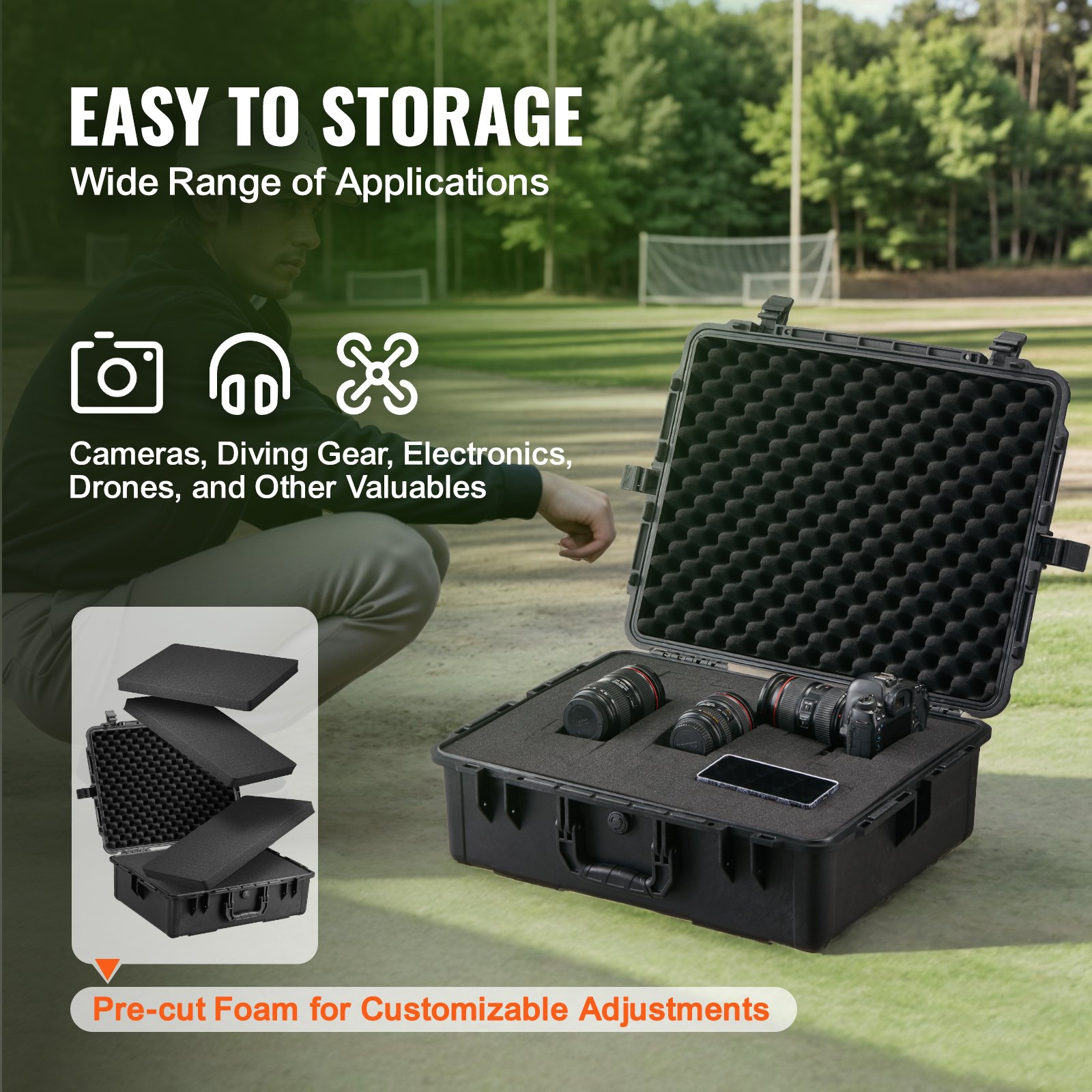 VEVOR Weatherproof Hard Case, Heavy Duty Protective Dry Box Case with Pre-cut Foam, and Retractable Pull Handles for Travel, Hunting, Military, Tactical, IP67 Waterproof Case for Cameras (56.1x37x26)