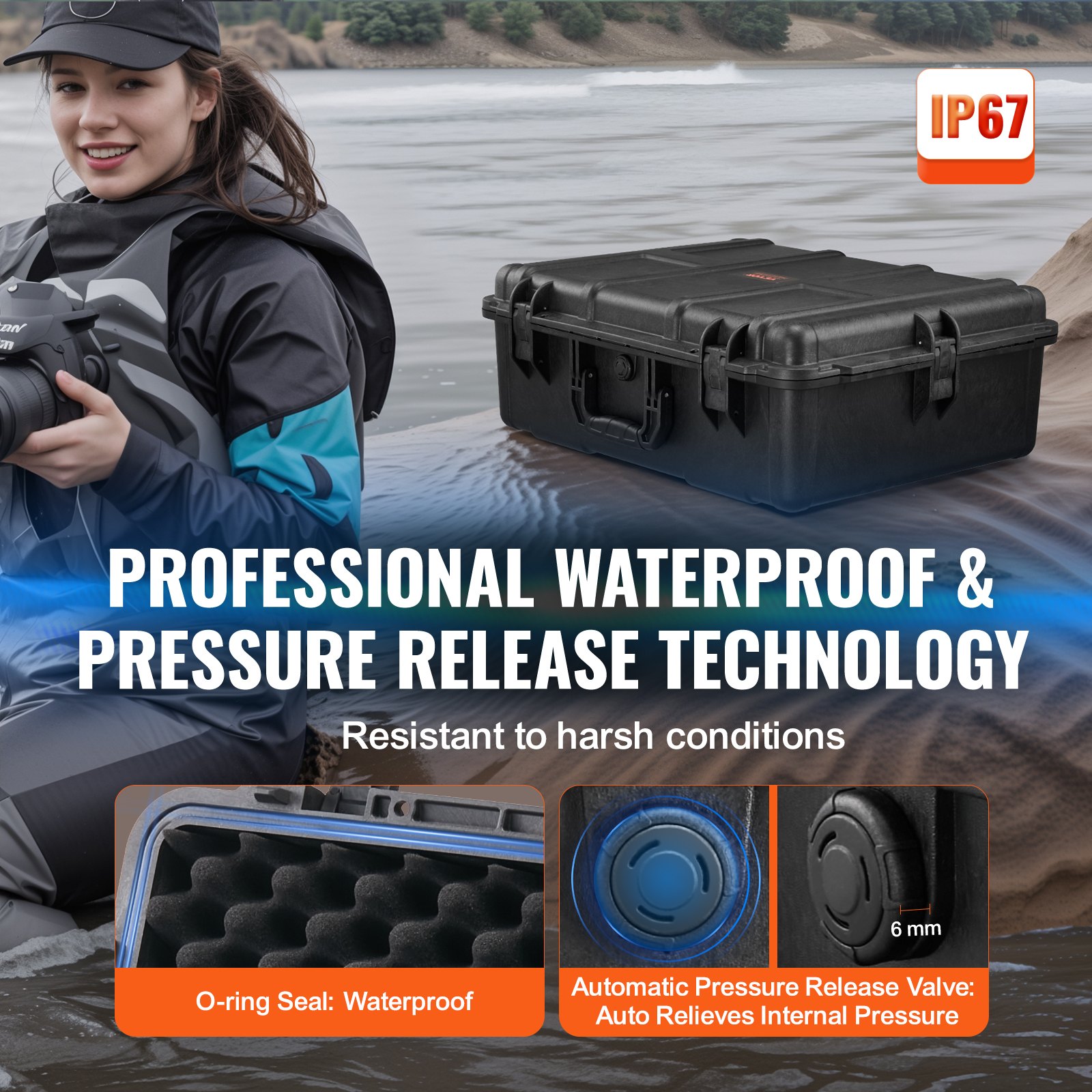 VEVOR Weatherproof Hard Case, Heavy Duty Protective Dry Box Case with Pre-cut Foam, and Retractable Pull Handles for Travel, Hunting, Military, Tactical, IP67 Waterproof Case for Cameras (56.1x37x26)