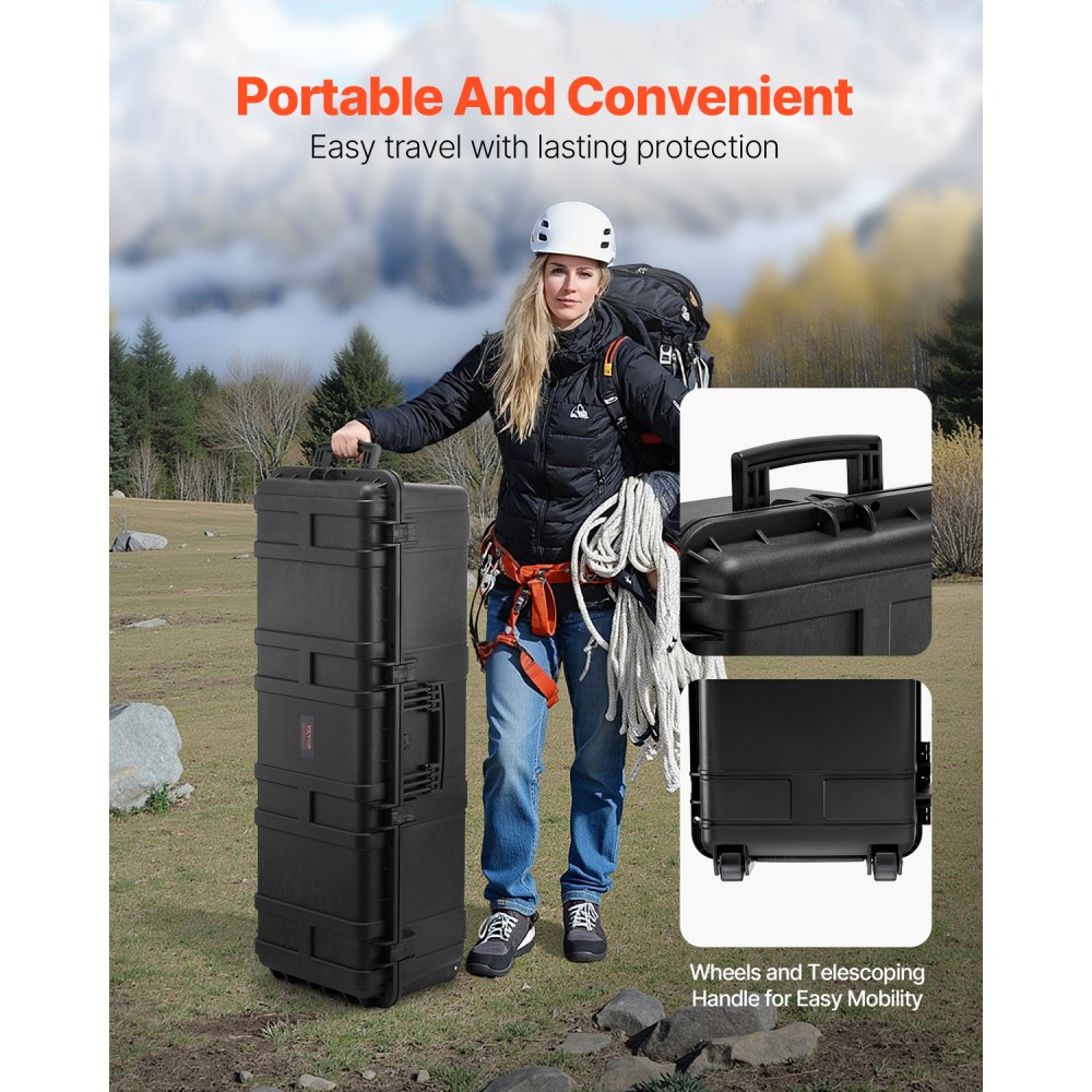 VEVOR 5.5 Cu.ft Weatherproof Hard Case, Large Capacity Waterproof Hard Case with 3 Handles, IP67 Waterproof Protective Case with 6 Clips, 6 Padlock Holes, and Foam Inserted for Large Equipment, Black