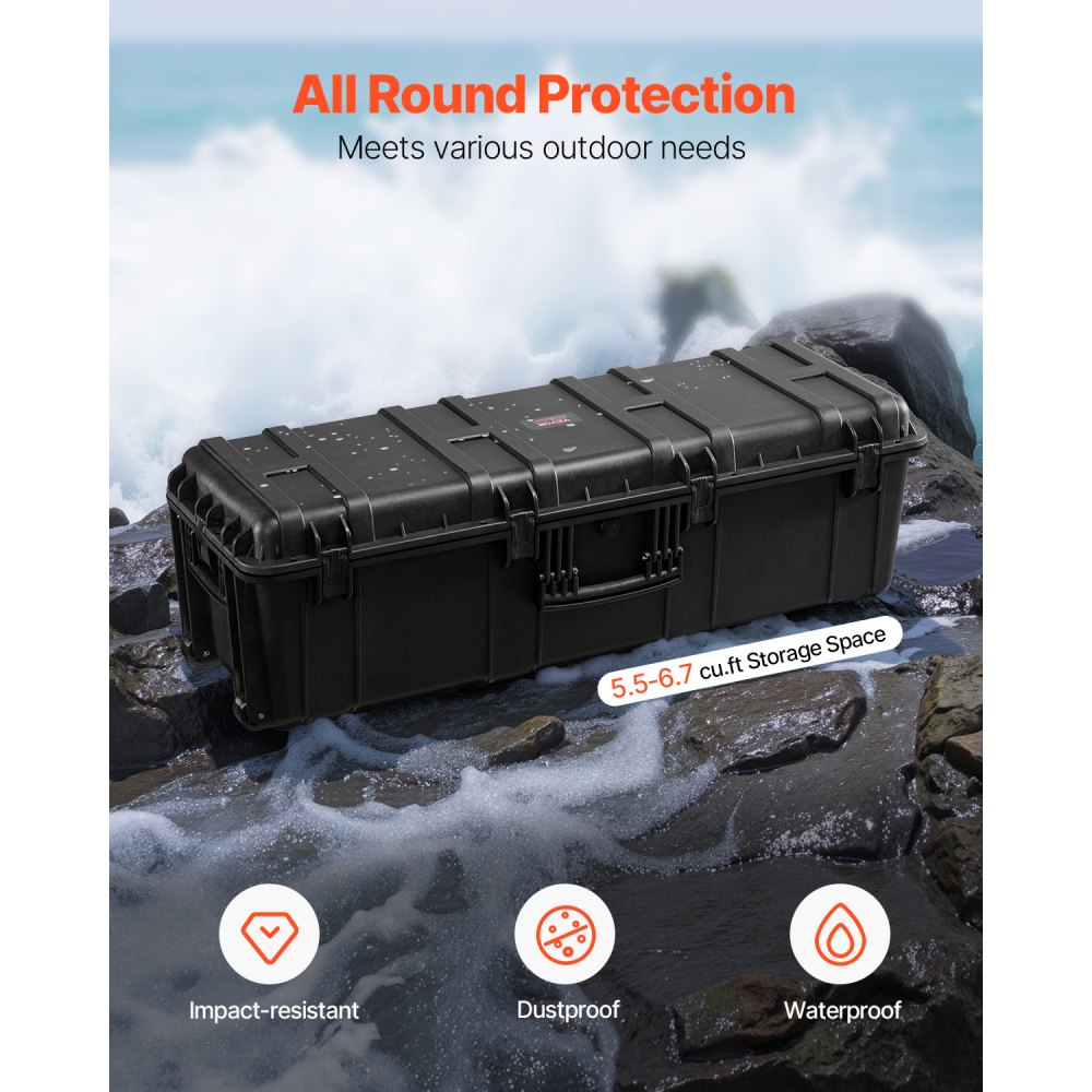 VEVOR 5.5 Cu.ft Weatherproof Hard Case, Large Capacity Waterproof Hard Case with 3 Handles, IP67 Waterproof Protective Case with 6 Clips, 6 Padlock Holes, and Foam Inserted for Large Equipment, Black