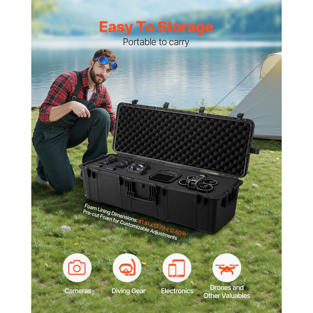 VEVOR 5.5 Cu.ft Weatherproof Hard Case, Large Capacity Waterproof Hard Case with 3 Handles, IP67 Waterproof Protective Case with 6 Clips, 6 Padlock Holes, and Foam Inserted for Large Equipment, Black