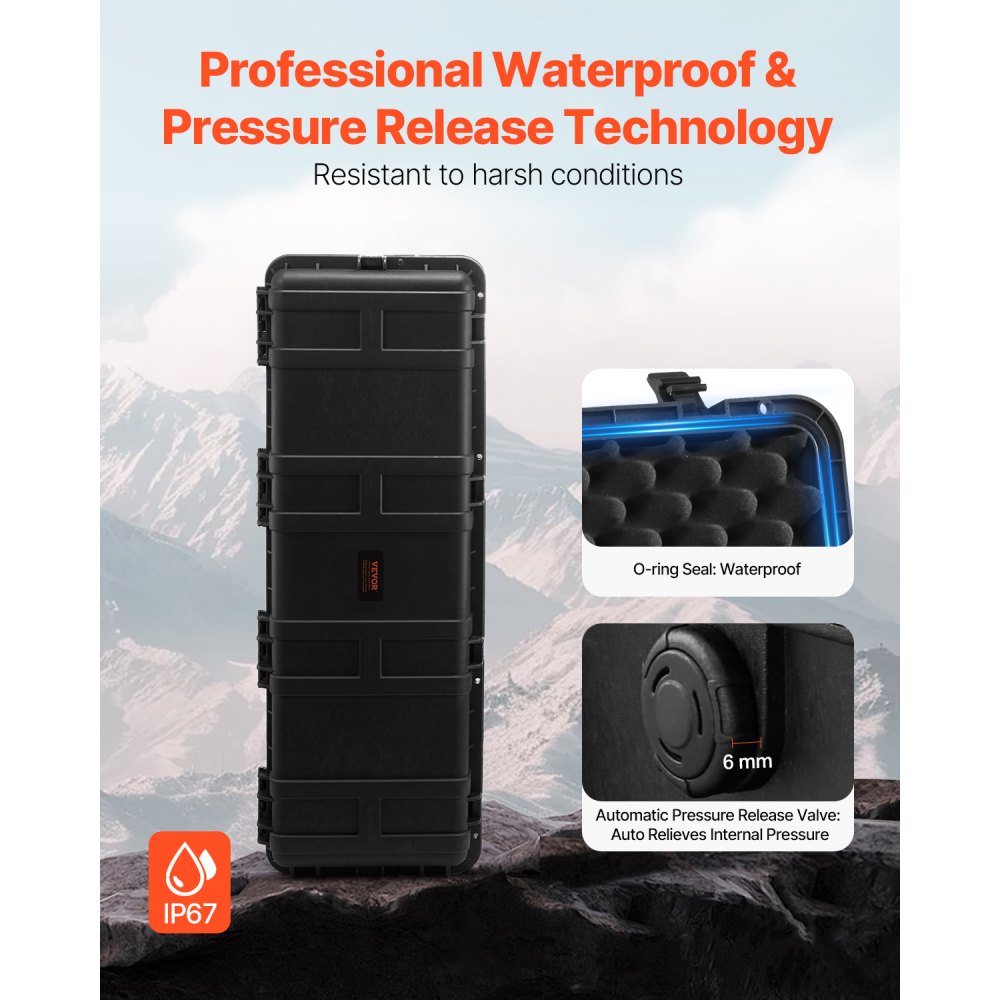 VEVOR 5.5 Cu.ft Weatherproof Hard Case, Large Capacity Waterproof Hard Case with 3 Handles, IP67 Waterproof Protective Case with 6 Clips, 6 Padlock Holes, and Foam Inserted for Large Equipment, Black