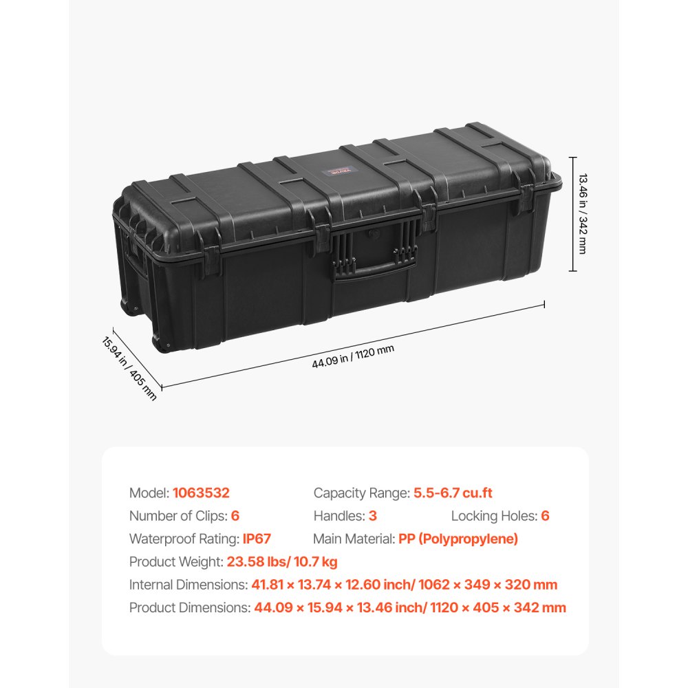 VEVOR 5.5 Cu.ft Weatherproof Hard Case, Large Capacity Waterproof Hard Case with 3 Handles, IP67 Waterproof Protective Case with 6 Clips, 6 Padlock Holes, and Foam Inserted for Large Equipment, Black