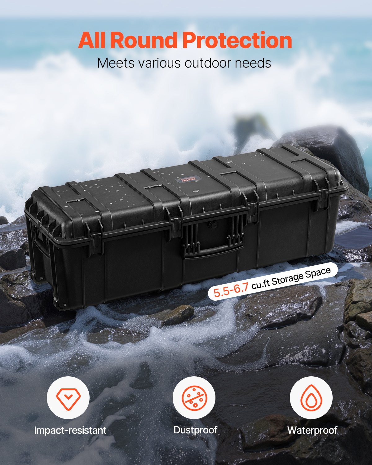 VEVOR 5.5 Cu.ft Weatherproof Hard Case, Large Capacity Waterproof Hard Case with 3 Handles, IP67 Waterproof Protective Case with 6 Clips, 6 Padlock Holes, and Foam Inserted for Large Equipment, Black