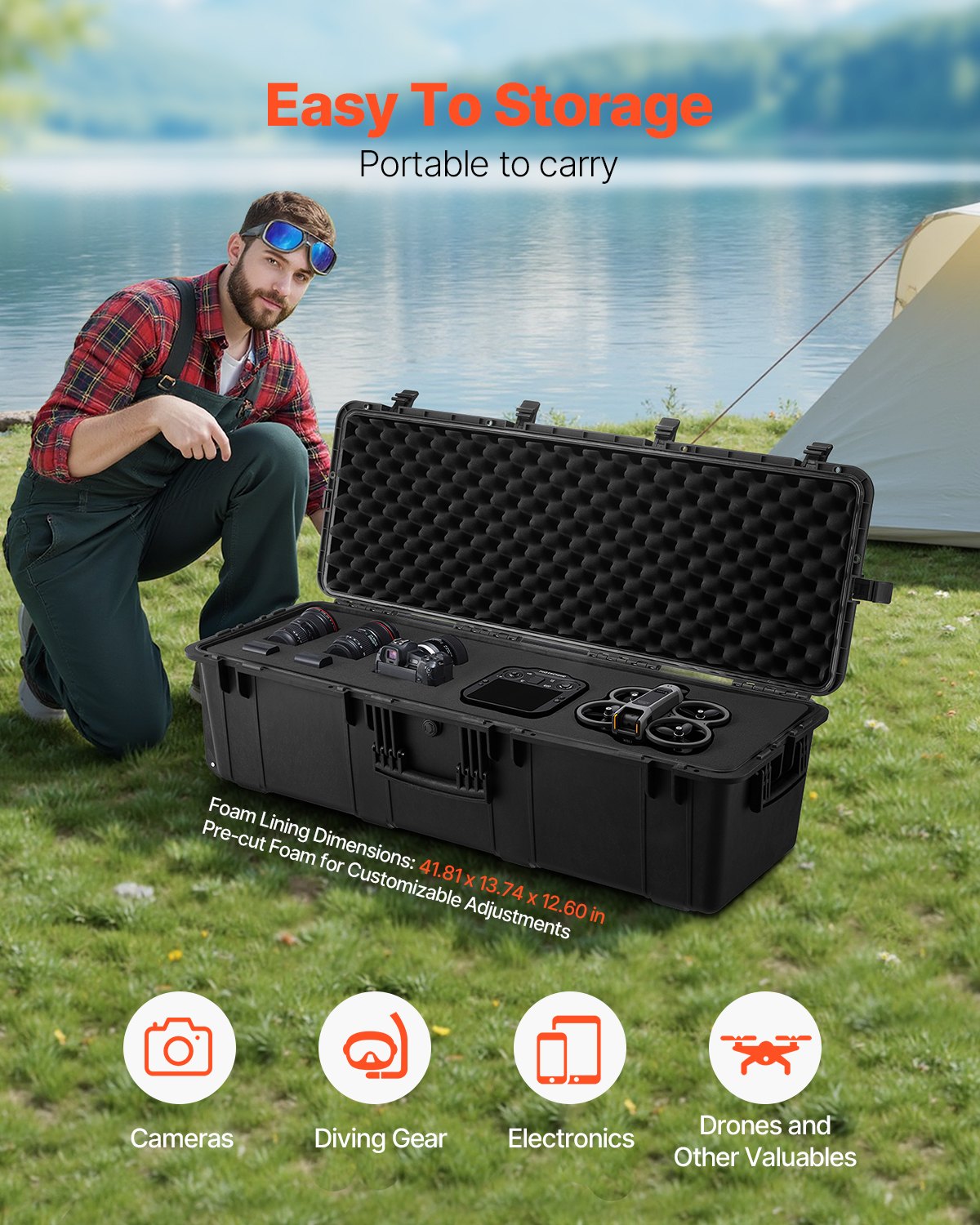 VEVOR 5.5 Cu.ft Weatherproof Hard Case, Large Capacity Waterproof Hard Case with 3 Handles, IP67 Waterproof Protective Case with 6 Clips, 6 Padlock Holes, and Foam Inserted for Large Equipment, Black
