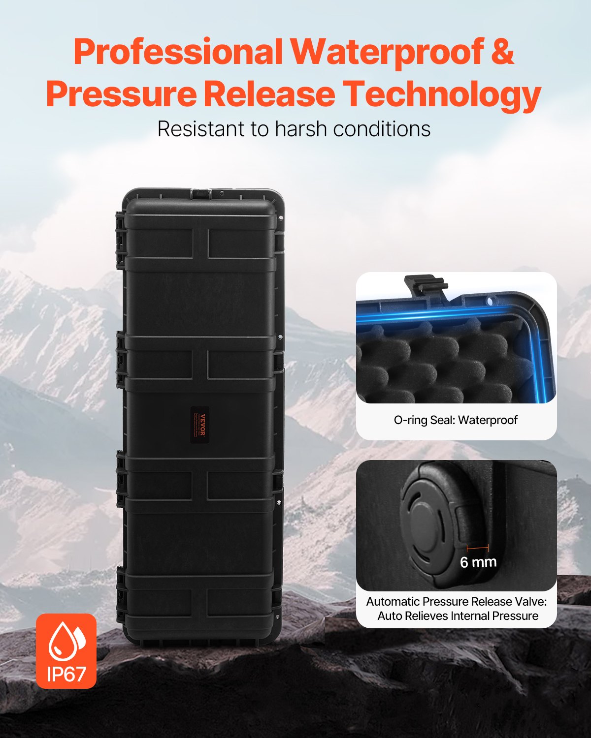 VEVOR 5.5 Cu.ft Weatherproof Hard Case, Large Capacity Waterproof Hard Case with 3 Handles, IP67 Waterproof Protective Case with 6 Clips, 6 Padlock Holes, and Foam Inserted for Large Equipment, Black