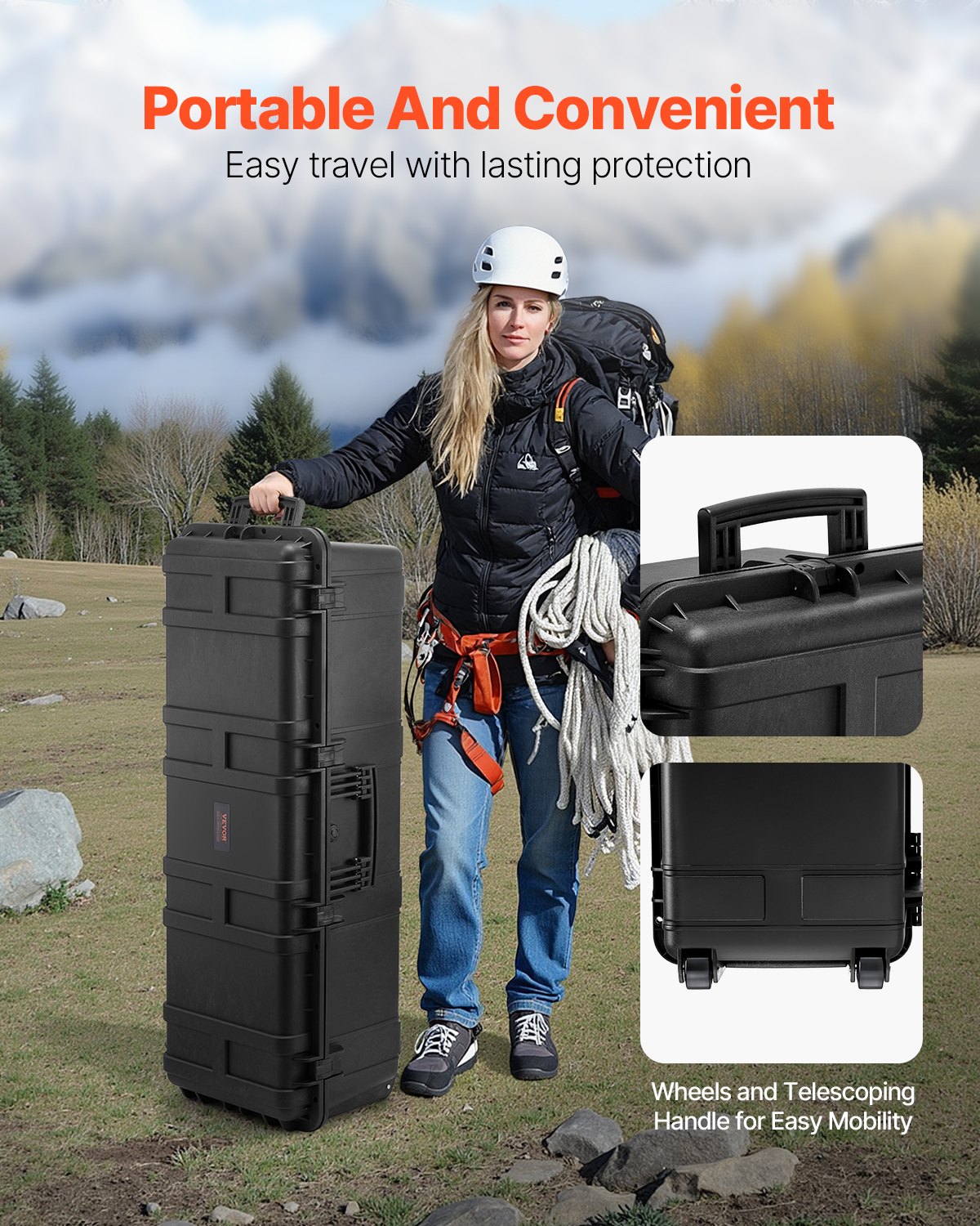 VEVOR 5.5 Cu.ft Weatherproof Hard Case, Large Capacity Waterproof Hard Case with 3 Handles, IP67 Waterproof Protective Case with 6 Clips, 6 Padlock Holes, and Foam Inserted for Large Equipment, Black