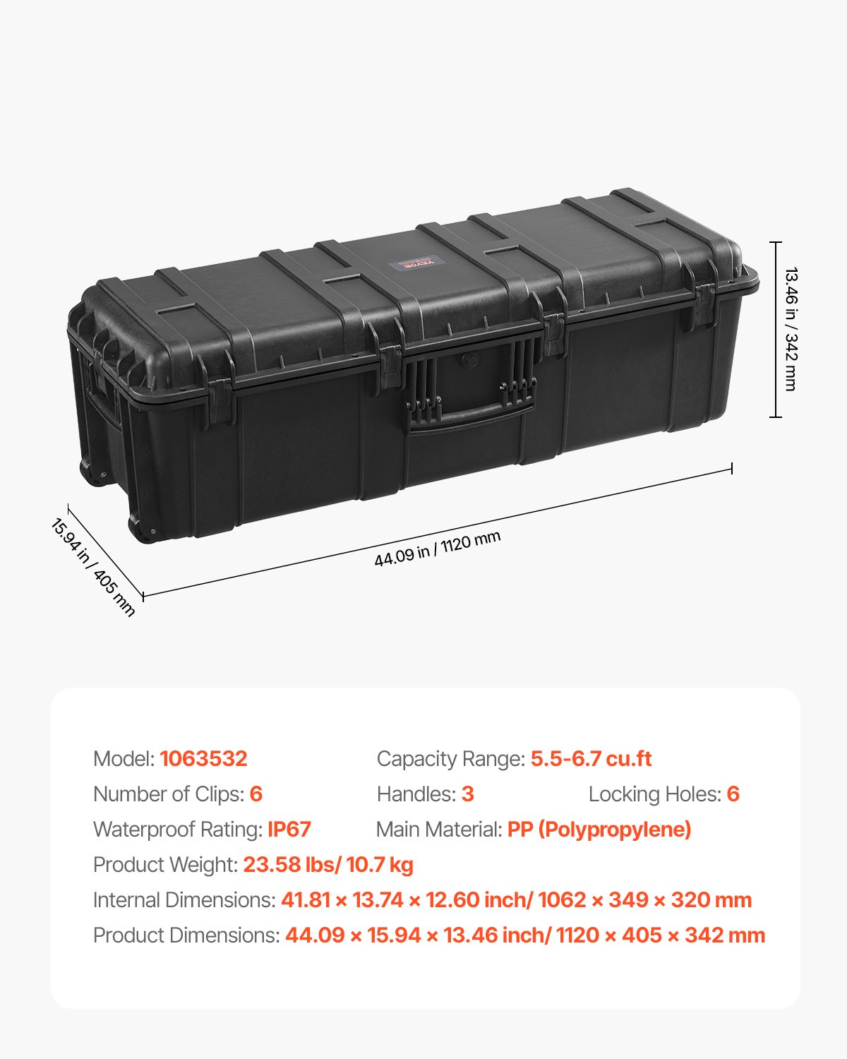 VEVOR 5.5 Cu.ft Weatherproof Hard Case, Large Capacity Waterproof Hard Case with 3 Handles, IP67 Waterproof Protective Case with 6 Clips, 6 Padlock Holes, and Foam Inserted for Large Equipment, Black