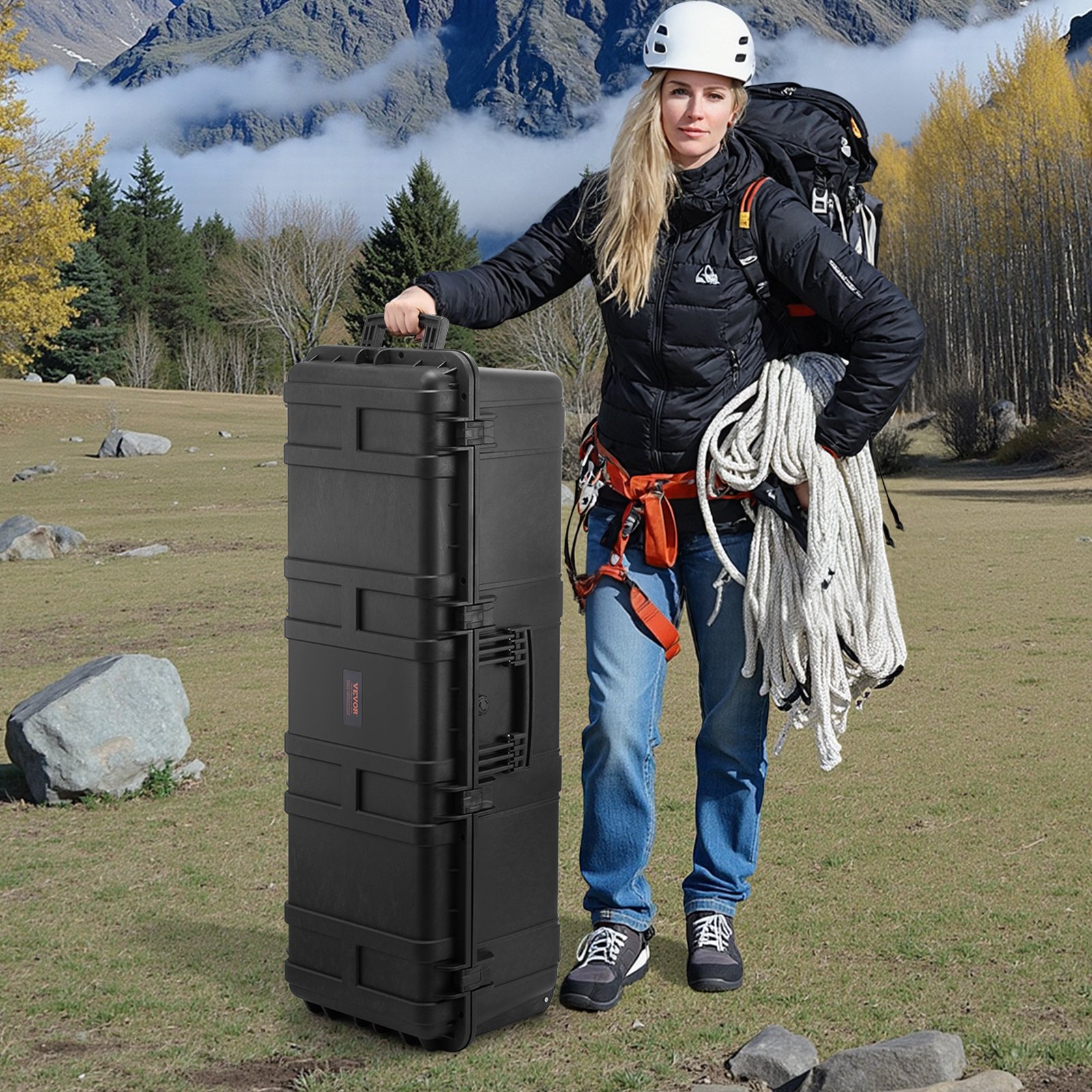 VEVOR 5.5 Cu.ft Weatherproof Hard Case, Large Capacity Waterproof Hard Case with 3 Handles, IP67 Waterproof Protective Case with 6 Clips, 6 Padlock Holes, and Foam Inserted for Large Equipment, Black