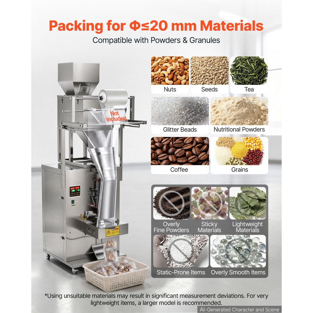 VEVOR Powder Filling and Sealing Machine, 10-999g(0.02-2.2lbs) Automatic Particle Granule Packaging Machine, Stainless Steel, Weighing Filling Sealing, for Coffee Beans, Grains, Tea, Spices, Silver