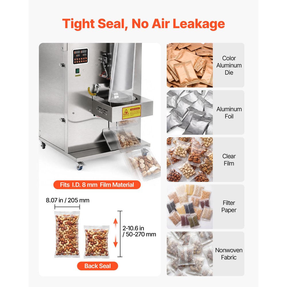 VEVOR Powder Filling and Sealing Machine, 10-999g(0.02-2.2lbs) Automatic Particle Granule Packaging Machine, Stainless Steel, Weighing Filling Sealing, for Coffee Beans, Grains, Tea, Spices, Silver