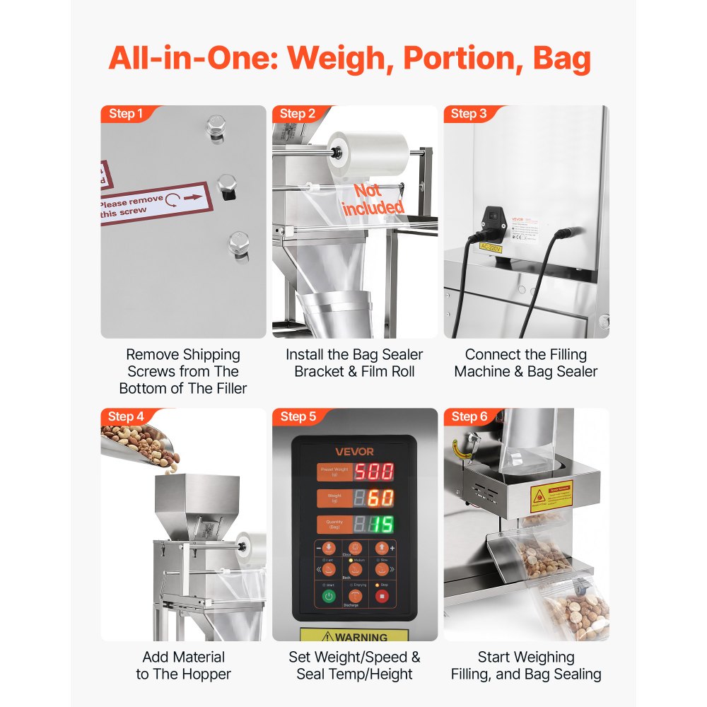 VEVOR Powder Filling and Sealing Machine, 10-999g(0.02-2.2lbs) Automatic Particle Granule Packaging Machine, Stainless Steel, Weighing Filling Sealing, for Coffee Beans, Grains, Tea, Spices, Silver