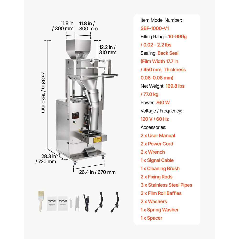 VEVOR Powder Filling and Sealing Machine, 10-999g(0.02-2.2lbs) Automatic Particle Granule Packaging Machine, Stainless Steel, Weighing Filling Sealing, for Coffee Beans, Grains, Tea, Spices, Silver