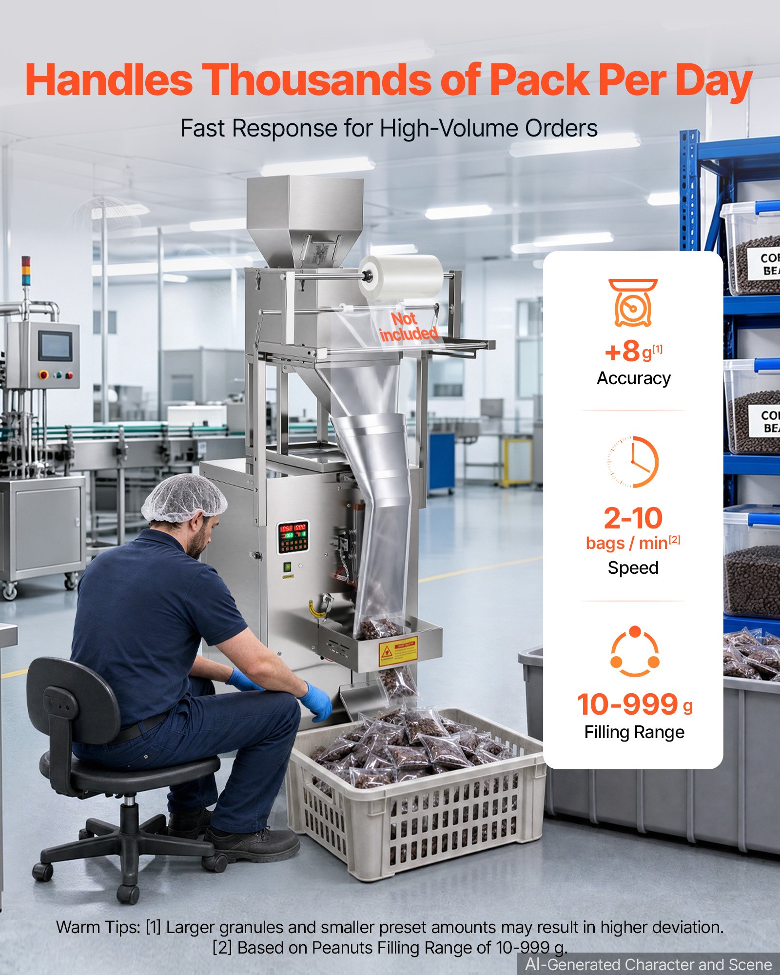 VEVOR Powder Filling and Sealing Machine, 10-999g(0.02-2.2lbs) Automatic Particle Granule Packaging Machine, Stainless Steel, Weighing Filling Sealing, for Coffee Beans, Grains, Tea, Spices, Silver
