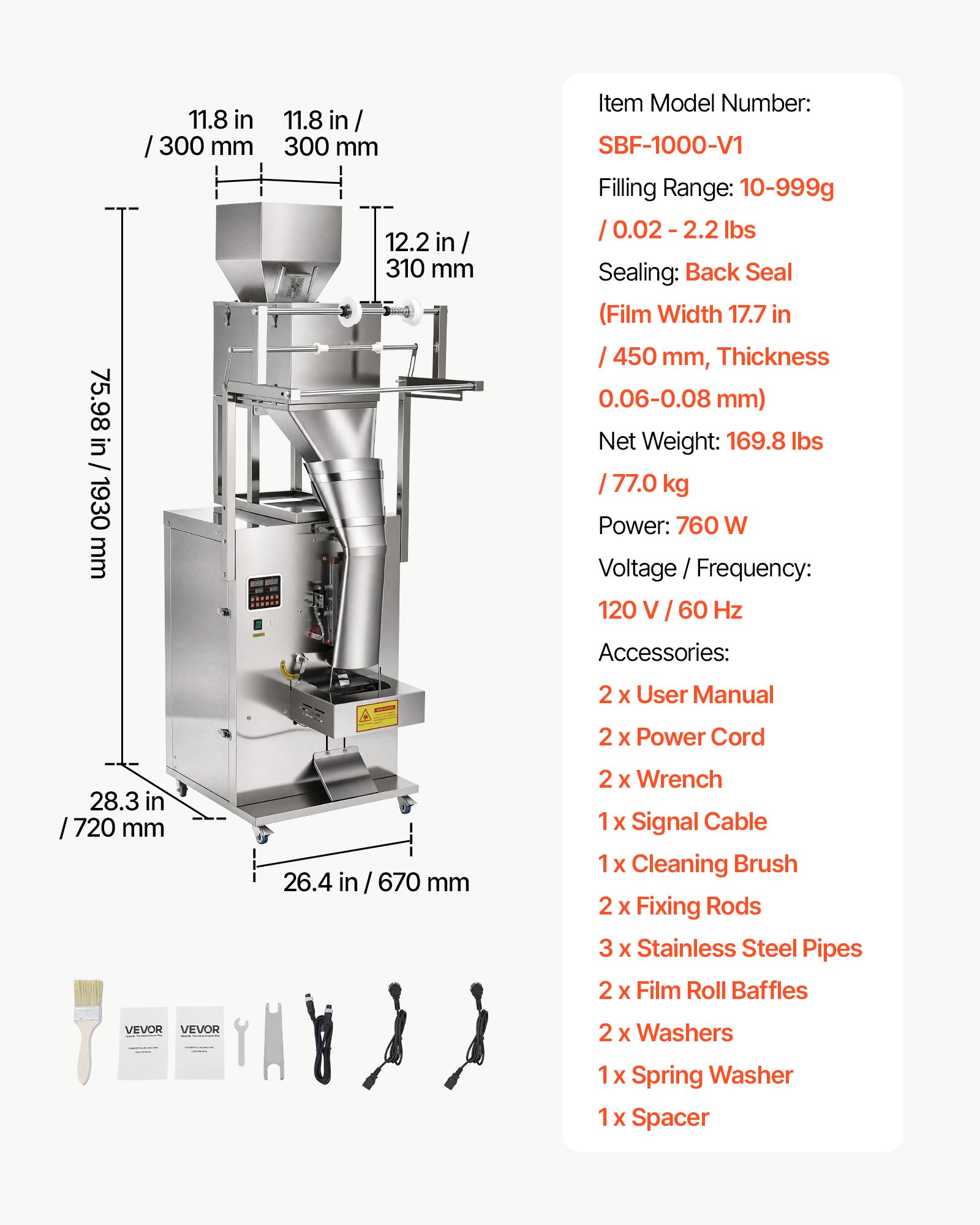 VEVOR Powder Filling and Sealing Machine, 10-999g(0.02-2.2lbs) Automatic Particle Granule Packaging Machine, Stainless Steel, Weighing Filling Sealing, for Coffee Beans, Grains, Tea, Spices, Silver