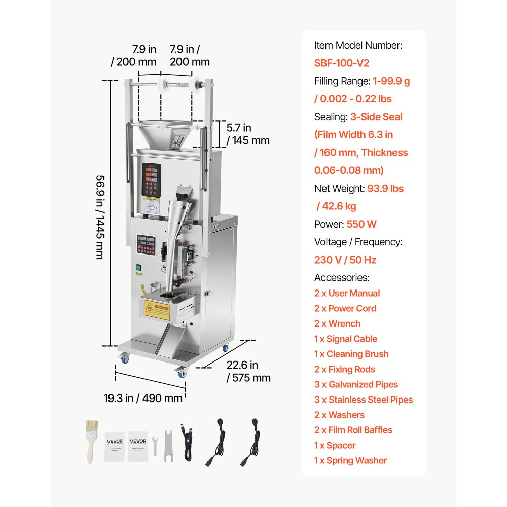 VEVOR Powder Filling and Sealing Machine, 1-99.9g Automatic Particle Granule Packaging Machine, Stainless Steel, Intelligent Weighing Filling Sealing, for Coffee Beans, Grains, Tea, Spices, Silver