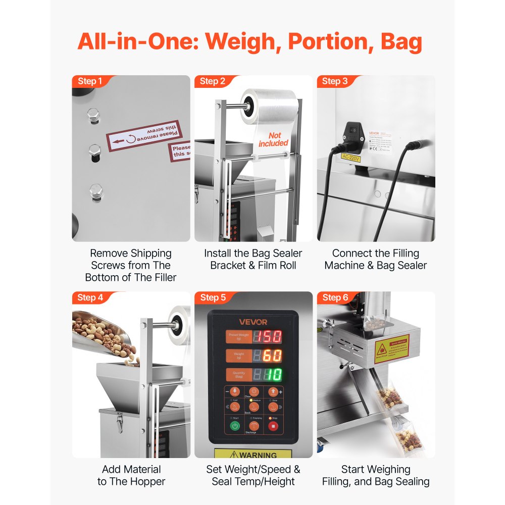 VEVOR Powder Filling and Sealing Machine, 3-200g(0.01-0.44lbs) Automatic Particle Granule Packaging Machine, Stainless Steel, Weighing Filling Sealing, for Coffee Beans, Grains, Tea, Spices, Silver