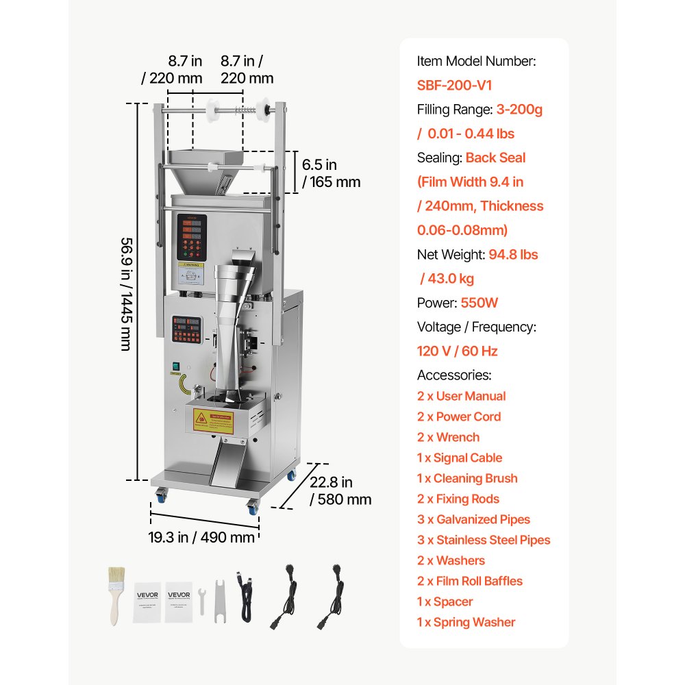 VEVOR Powder Filling and Sealing Machine, 3-200g(0.01-0.44lbs) Automatic Particle Granule Packaging Machine, Stainless Steel, Weighing Filling Sealing, for Coffee Beans, Grains, Tea, Spices, Silver