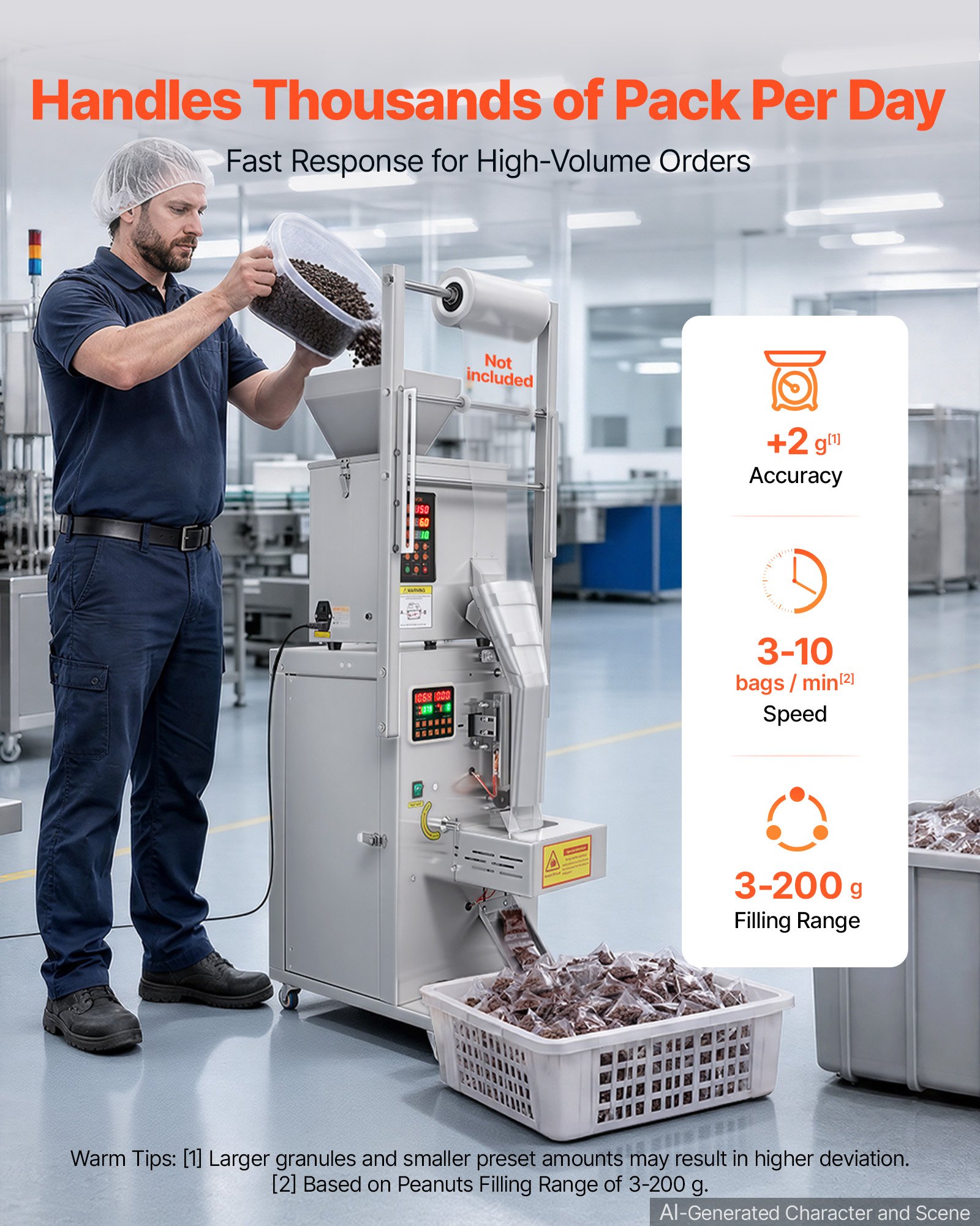 VEVOR Powder Filling and Sealing Machine, 3-200g(0.01-0.44lbs) Automatic Particle Granule Packaging Machine, Stainless Steel, Weighing Filling Sealing, for Coffee Beans, Grains, Tea, Spices, Silver