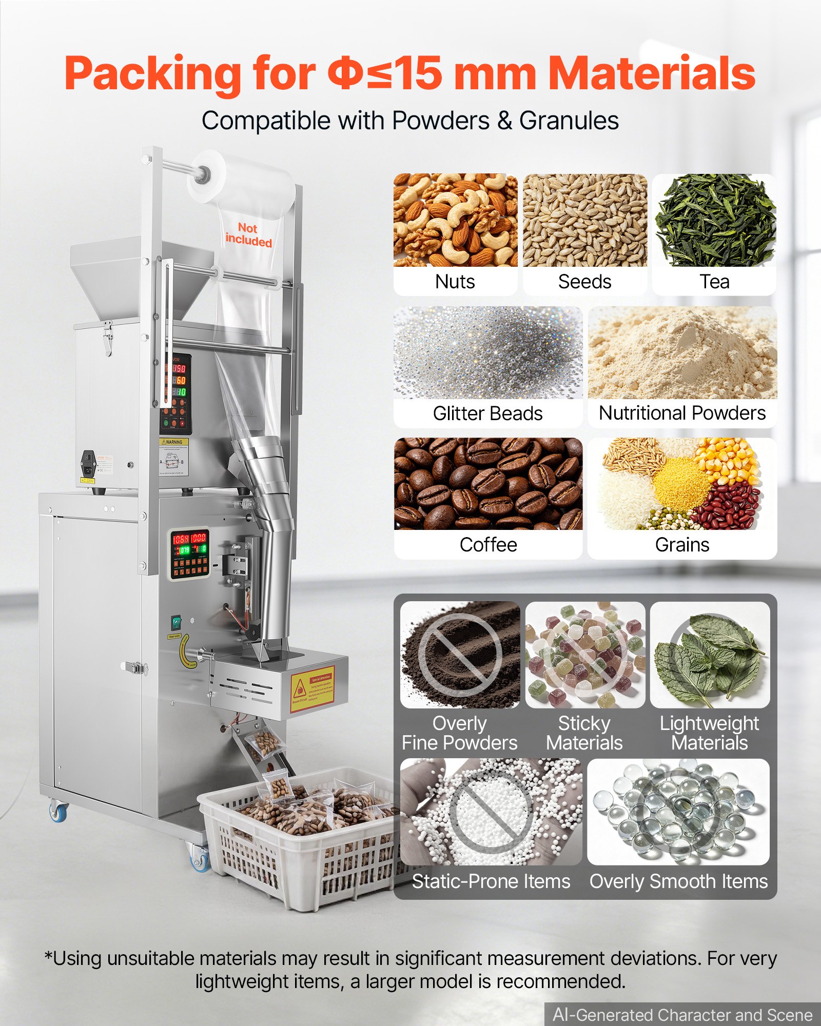 VEVOR Powder Filling and Sealing Machine, 3-200g(0.01-0.44lbs) Automatic Particle Granule Packaging Machine, Stainless Steel, Weighing Filling Sealing, for Coffee Beans, Grains, Tea, Spices, Silver