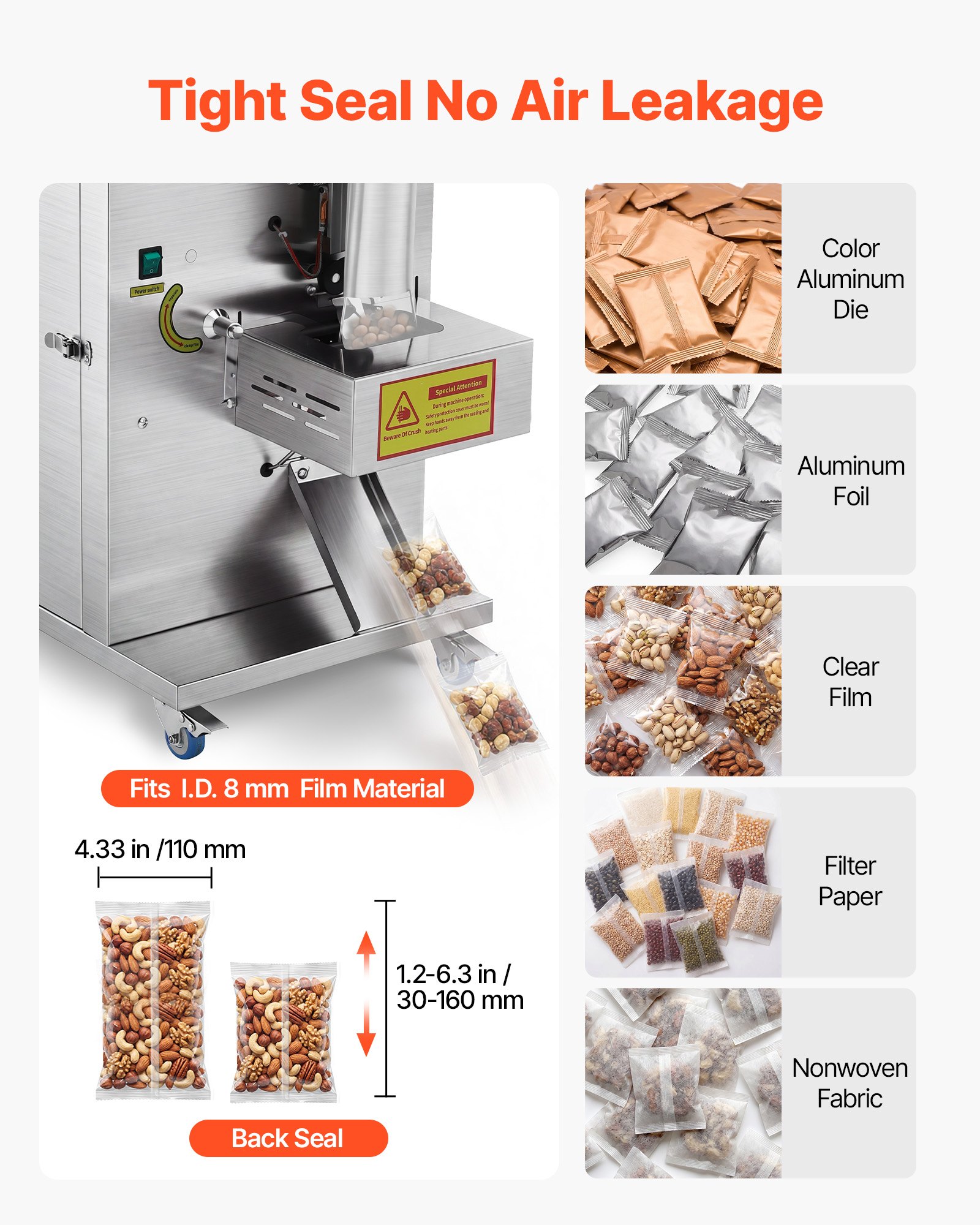 VEVOR Powder Filling and Sealing Machine, 3-200g(0.01-0.44lbs) Automatic Particle Granule Packaging Machine, Stainless Steel, Weighing Filling Sealing, for Coffee Beans, Grains, Tea, Spices, Silver