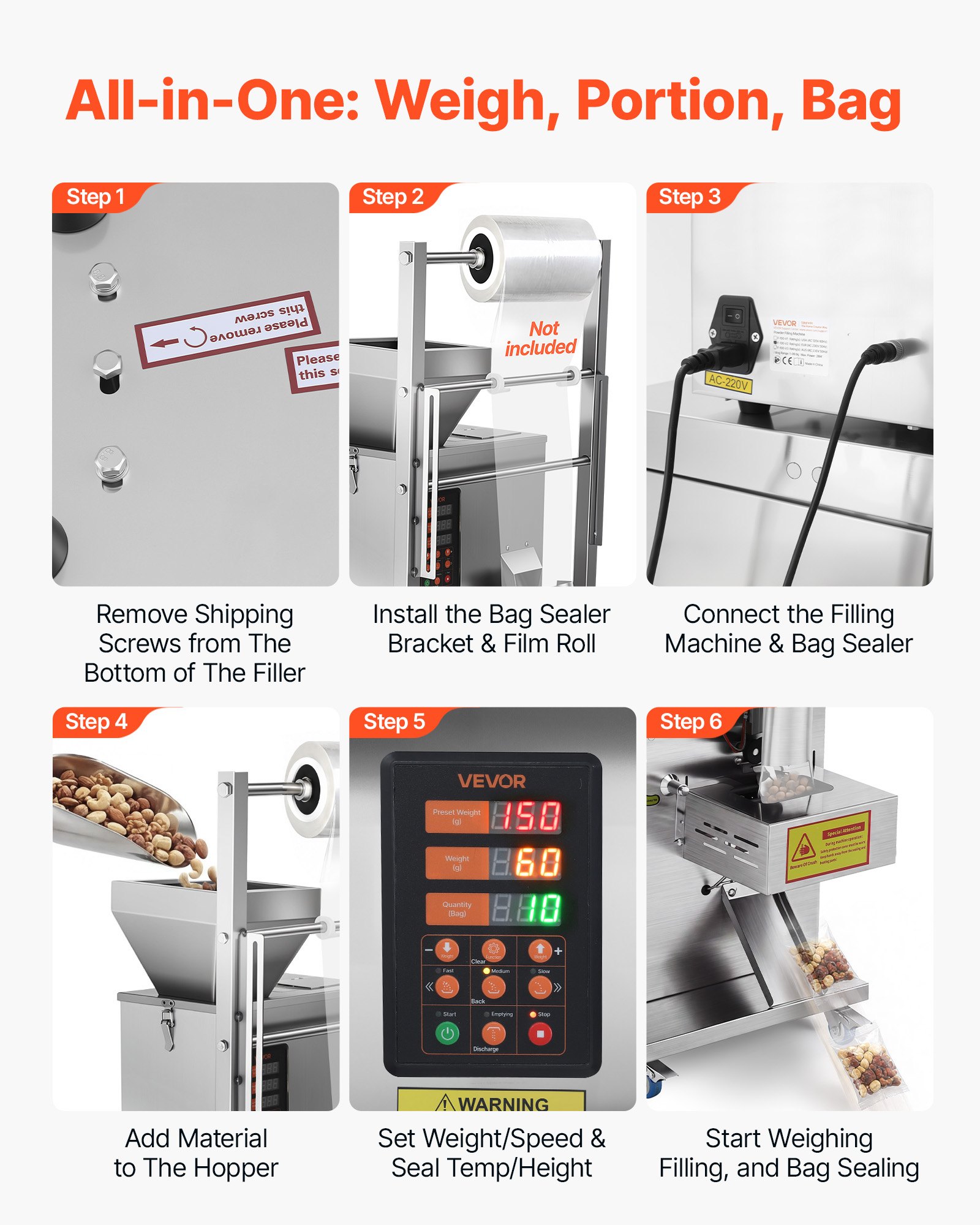 VEVOR Powder Filling and Sealing Machine, 3-200g(0.01-0.44lbs) Automatic Particle Granule Packaging Machine, Stainless Steel, Weighing Filling Sealing, for Coffee Beans, Grains, Tea, Spices, Silver
