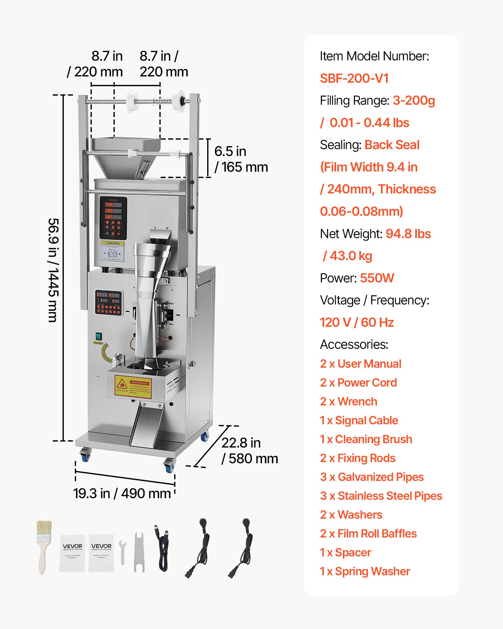 VEVOR Powder Filling and Sealing Machine, 3-200g(0.01-0.44lbs) Automatic Particle Granule Packaging Machine, Stainless Steel, Weighing Filling Sealing, for Coffee Beans, Grains, Tea, Spices, Silver