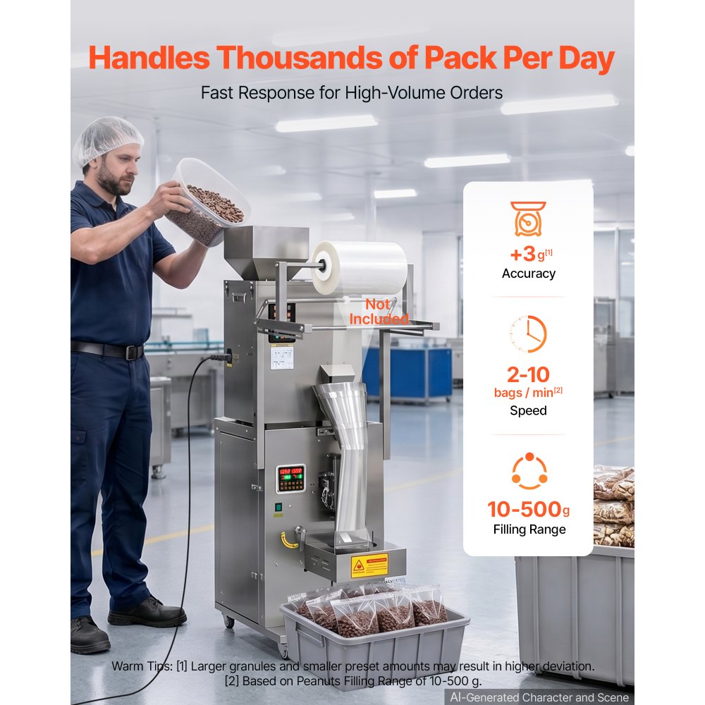 VEVOR Powder Filling and Sealing Machine, 10-500g(0.02-1.1lbs) Automatic Particle Granule Packaging Machine, Stainless Steel, Weighing Filling Sealing, for Coffee Beans, Grains, Tea, Spices, Silver