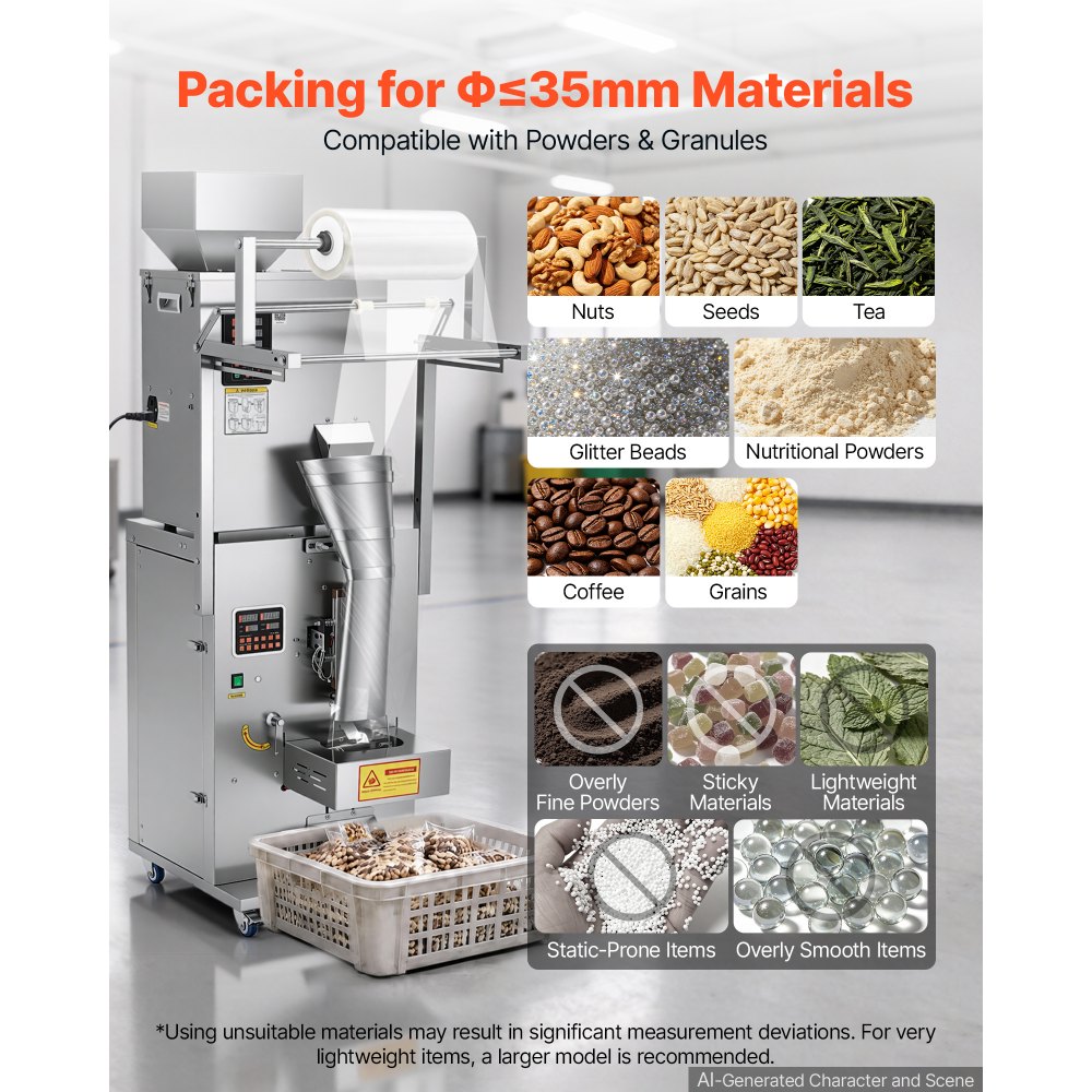 VEVOR Powder Filling and Sealing Machine, 10-500g(0.02-1.1lbs) Automatic Particle Granule Packaging Machine, Stainless Steel, Weighing Filling Sealing, for Coffee Beans, Grains, Tea, Spices, Silver