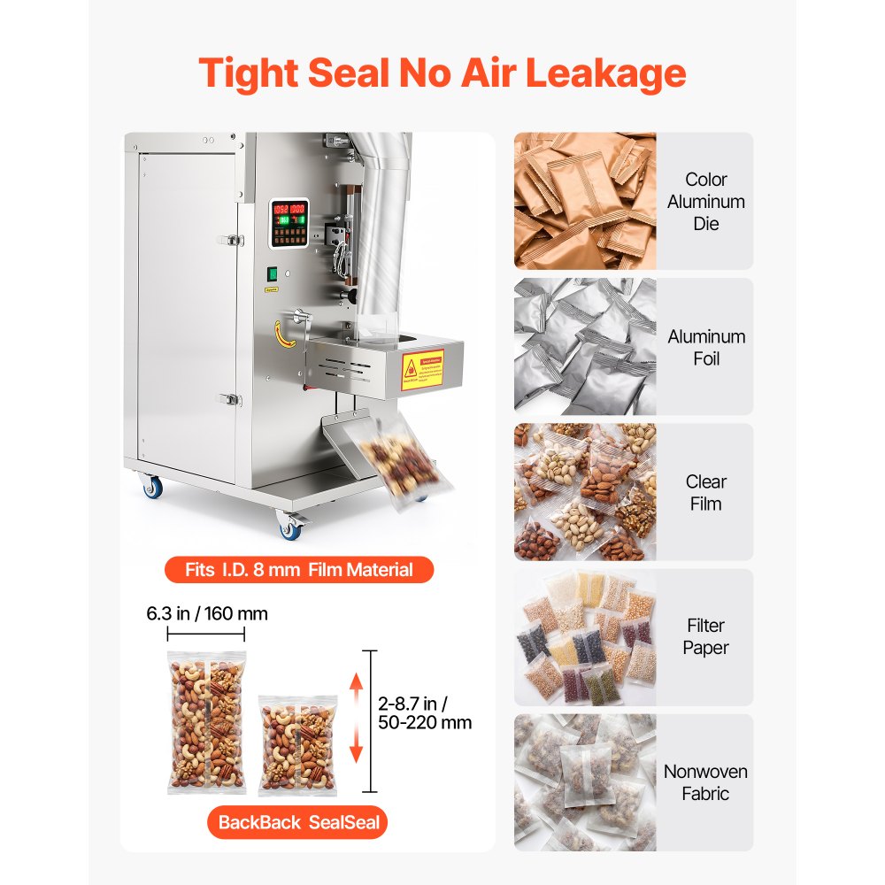 VEVOR Powder Filling and Sealing Machine, 10-500g(0.02-1.1lbs) Automatic Particle Granule Packaging Machine, Stainless Steel, Weighing Filling Sealing, for Coffee Beans, Grains, Tea, Spices, Silver
