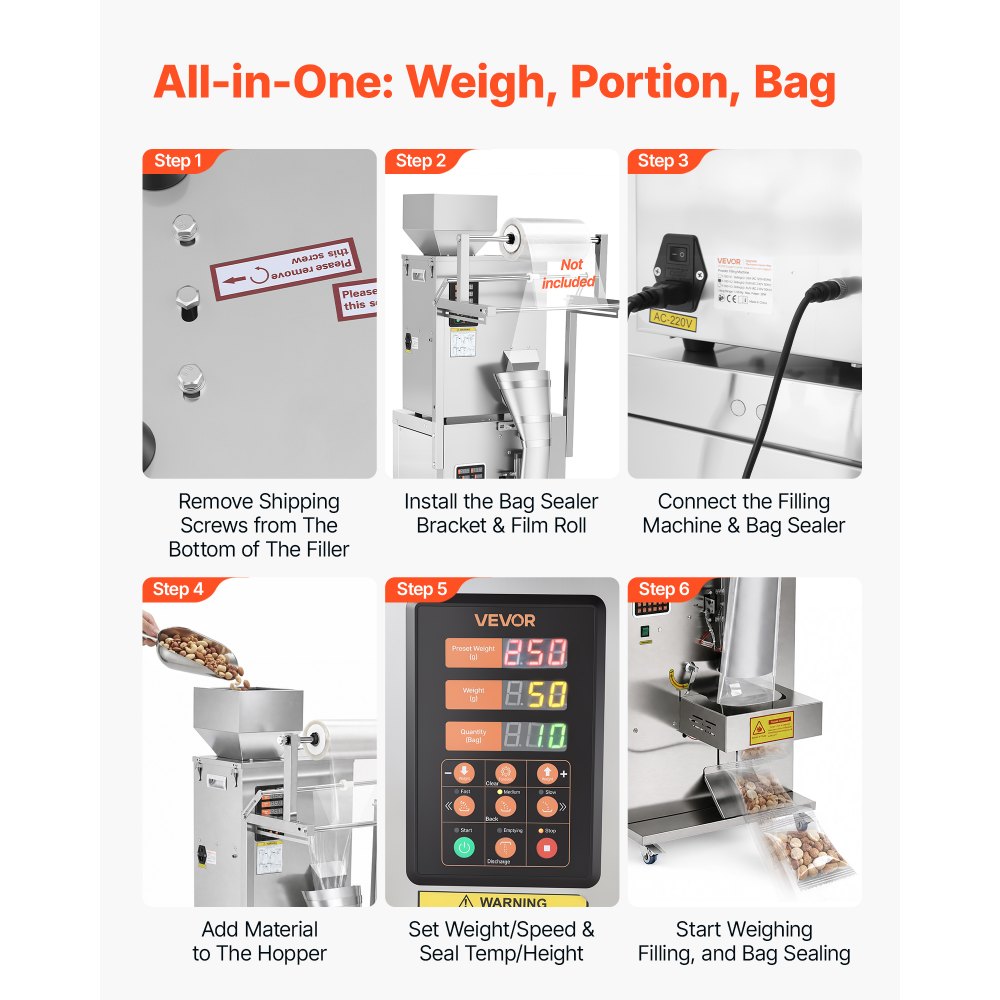 VEVOR Powder Filling and Sealing Machine, 10-500g(0.02-1.1lbs) Automatic Particle Granule Packaging Machine, Stainless Steel, Weighing Filling Sealing, for Coffee Beans, Grains, Tea, Spices, Silver