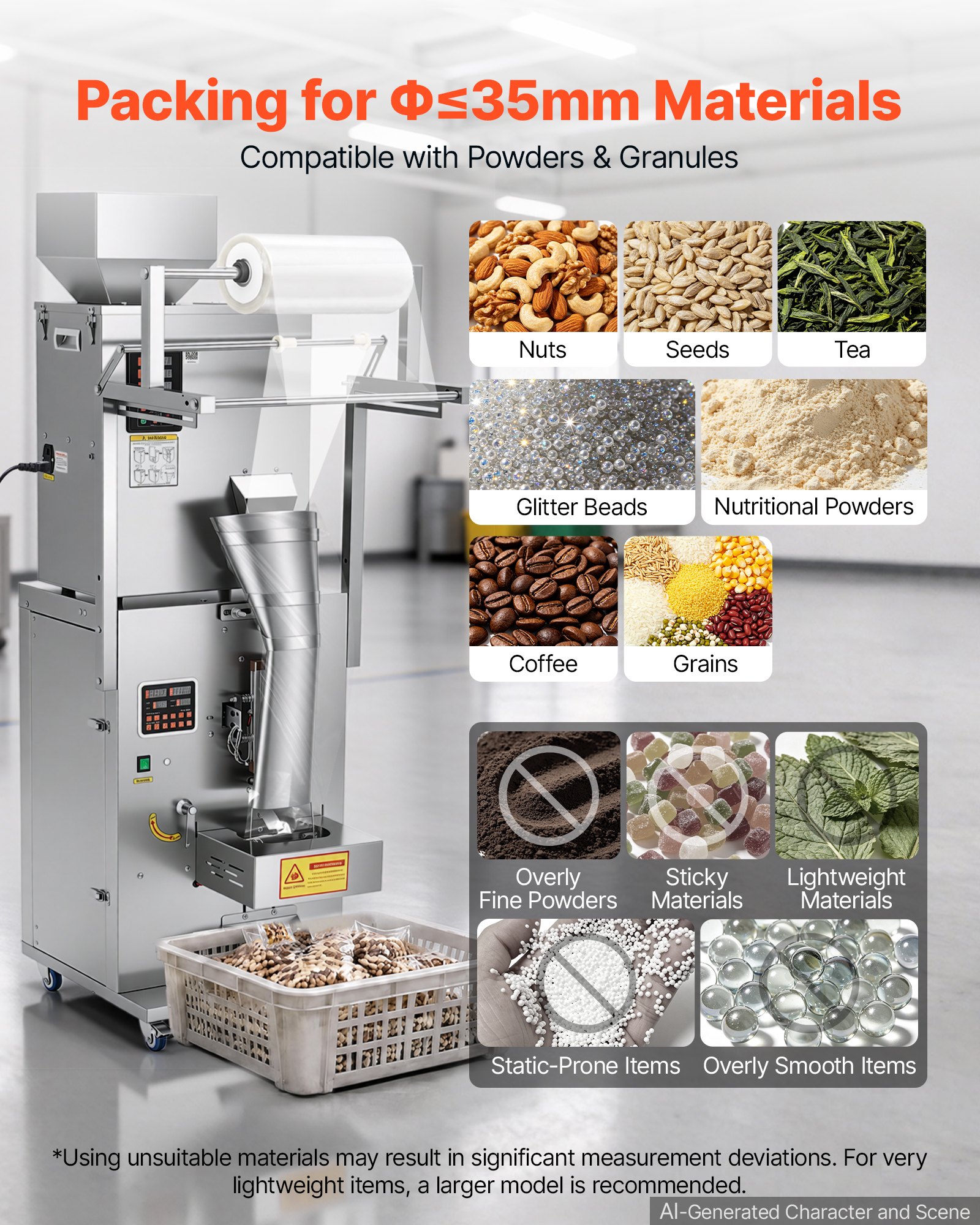 VEVOR Powder Filling and Sealing Machine, 10-500g(0.02-1.1lbs) Automatic Particle Granule Packaging Machine, Stainless Steel, Weighing Filling Sealing, for Coffee Beans, Grains, Tea, Spices, Silver