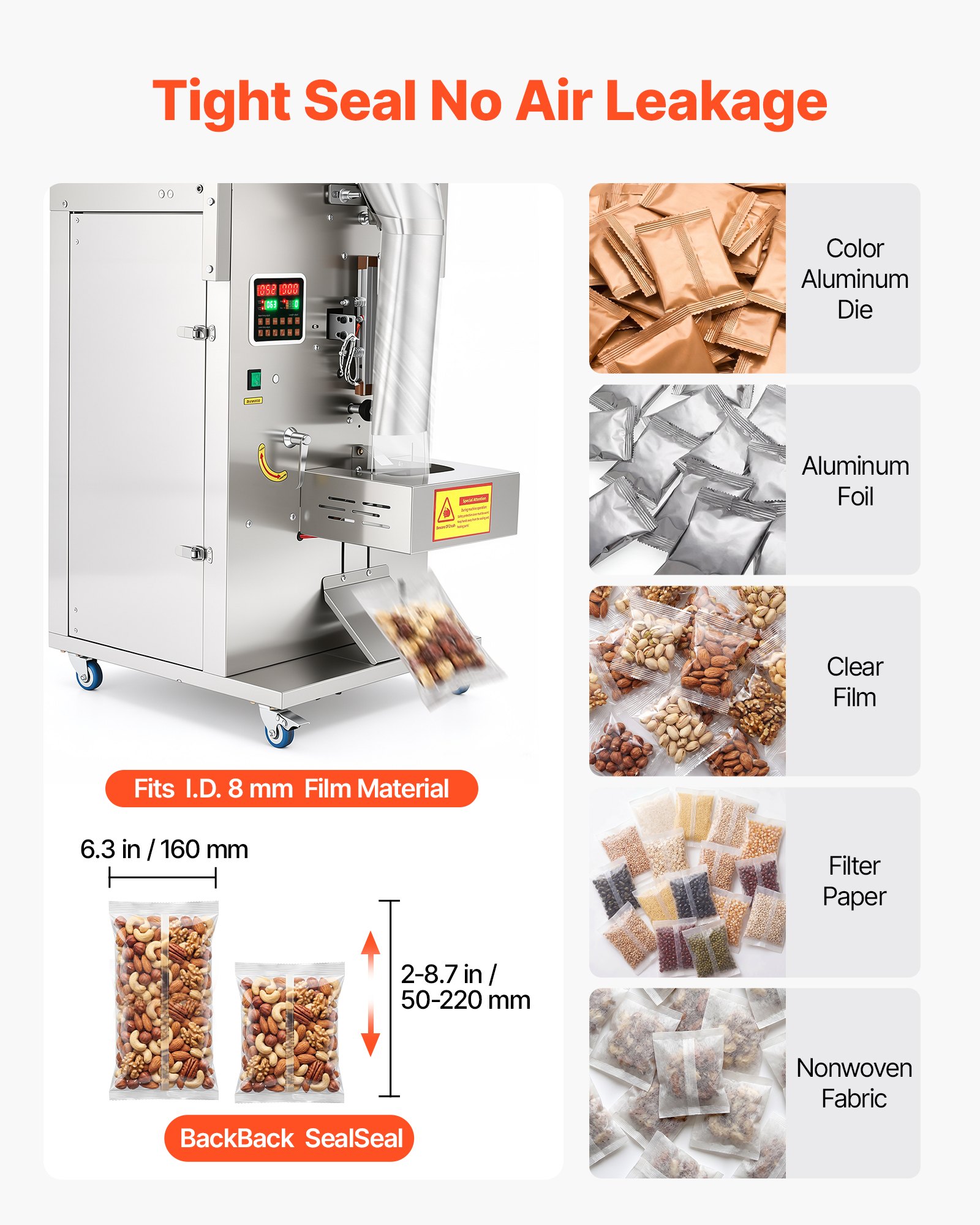 VEVOR Powder Filling and Sealing Machine, 10-500g(0.02-1.1lbs) Automatic Particle Granule Packaging Machine, Stainless Steel, Weighing Filling Sealing, for Coffee Beans, Grains, Tea, Spices, Silver
