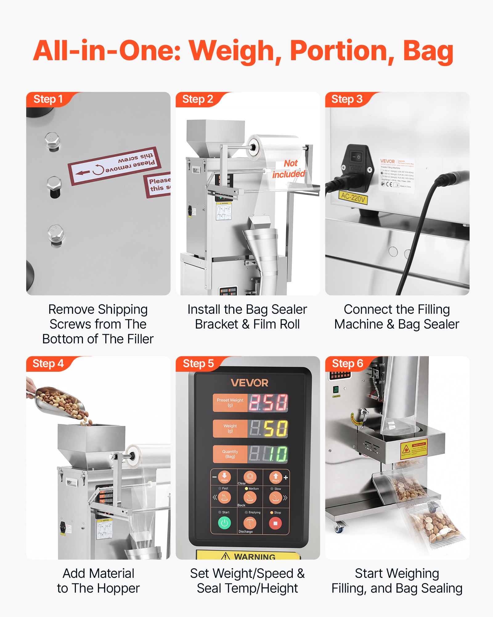 VEVOR Powder Filling and Sealing Machine, 10-500g(0.02-1.1lbs) Automatic Particle Granule Packaging Machine, Stainless Steel, Weighing Filling Sealing, for Coffee Beans, Grains, Tea, Spices, Silver