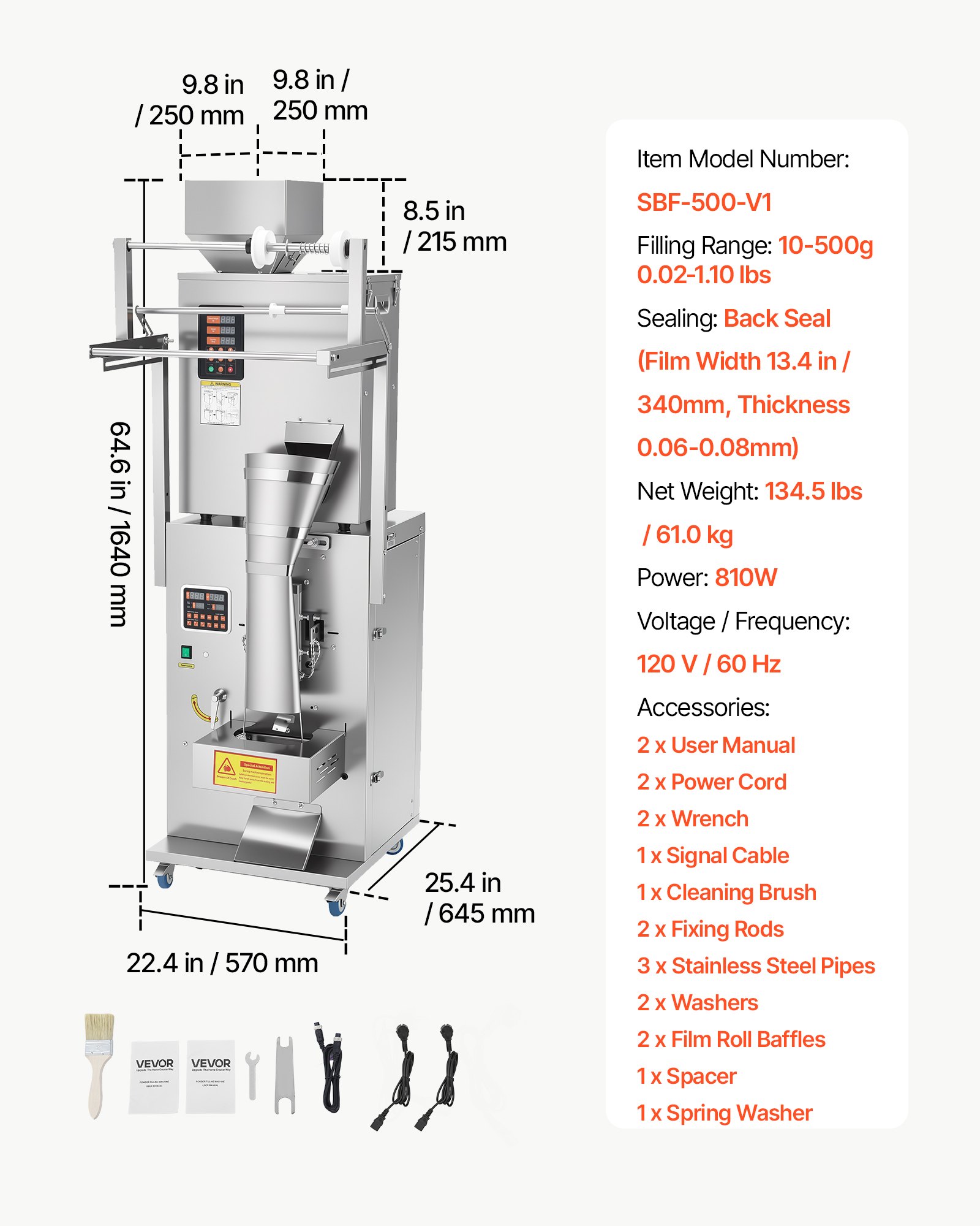 VEVOR Powder Filling and Sealing Machine, 10-500g(0.02-1.1lbs) Automatic Particle Granule Packaging Machine, Stainless Steel, Weighing Filling Sealing, for Coffee Beans, Grains, Tea, Spices, Silver