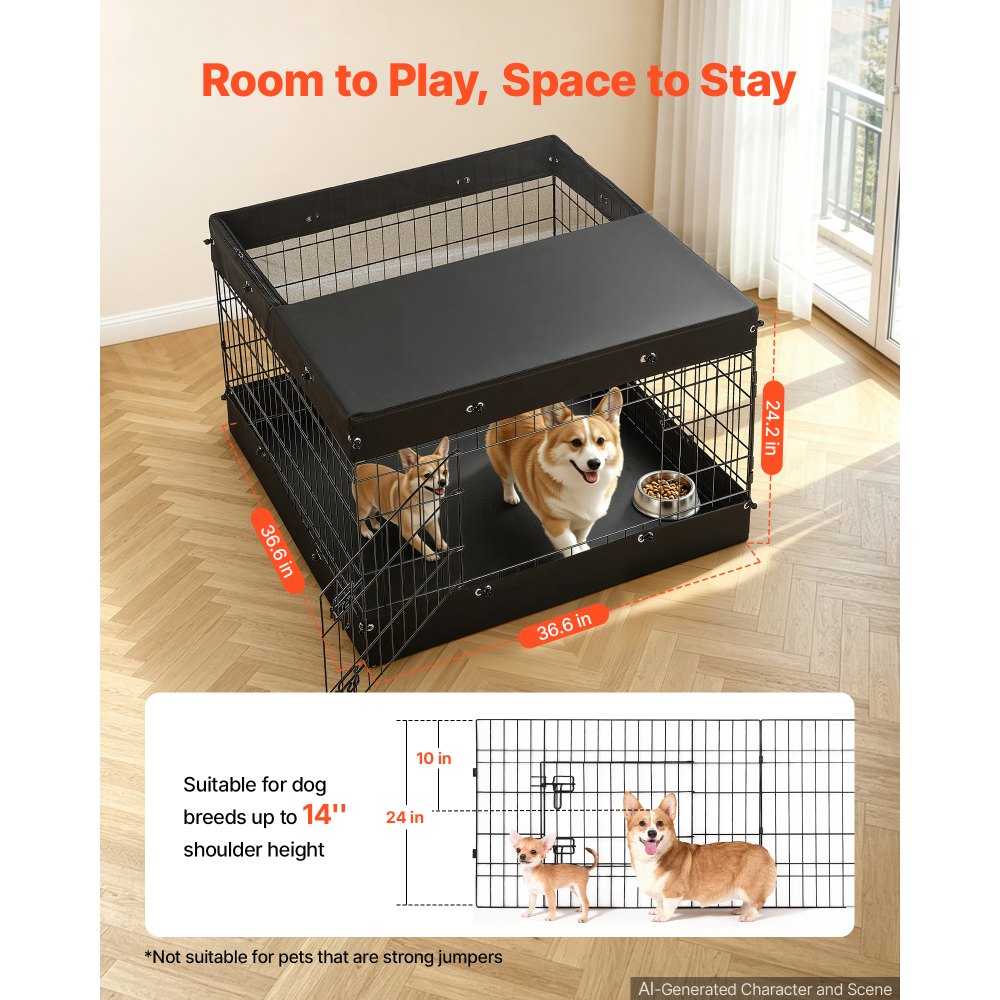 VEVOR Dog Playpen 24 Inch 4 Panels Exercise Pen with Top Cover & Bottom Pad, Indoor Foldable Metal Pet Fence with Door, Heavy Duty Puppy Crate Kennel Pen for Dogs, Cats, and Other Small Animals, Black
