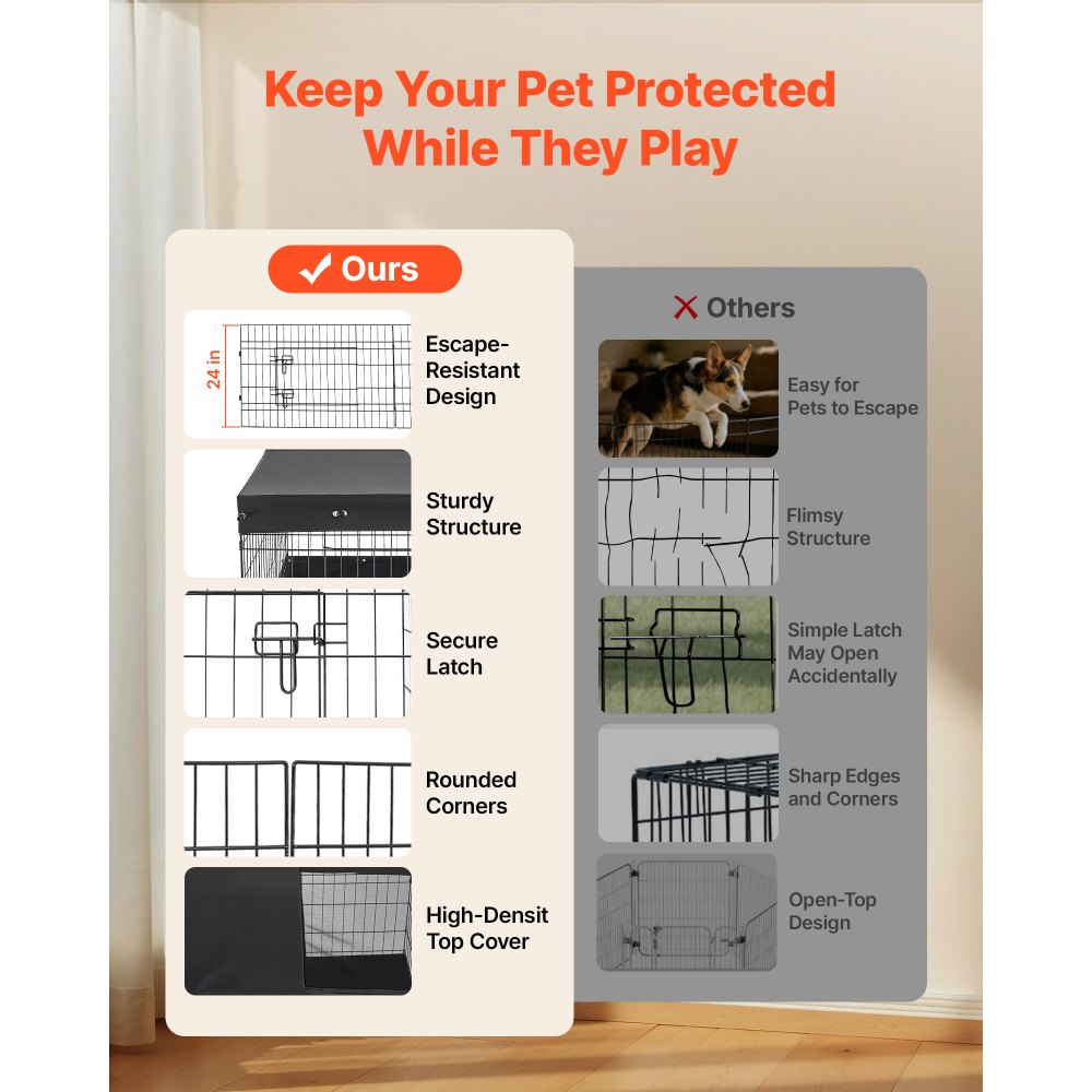 VEVOR Dog Playpen 24 Inch 4 Panels Exercise Pen with Top Cover & Bottom Pad, Indoor Foldable Metal Pet Fence with Door, Heavy Duty Puppy Crate Kennel Pen for Dogs, Cats, and Other Small Animals, Black