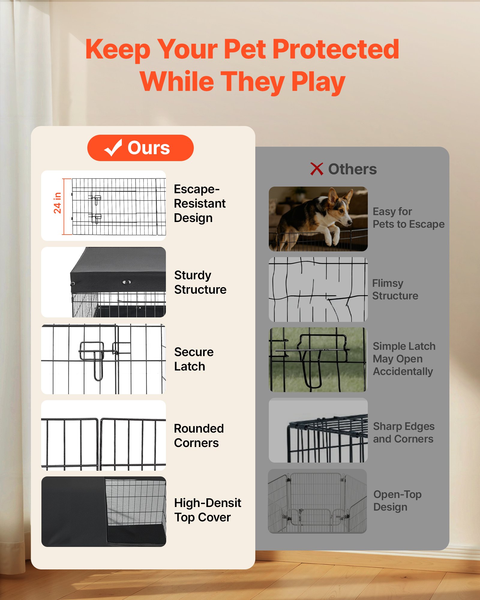 VEVOR Dog Playpen 24 Inch 4 Panels Exercise Pen with Top Cover & Bottom Pad, Indoor Foldable Metal Pet Fence with Door, Heavy Duty Puppy Crate Kennel Pen for Dogs, Cats, and Other Small Animals, Black