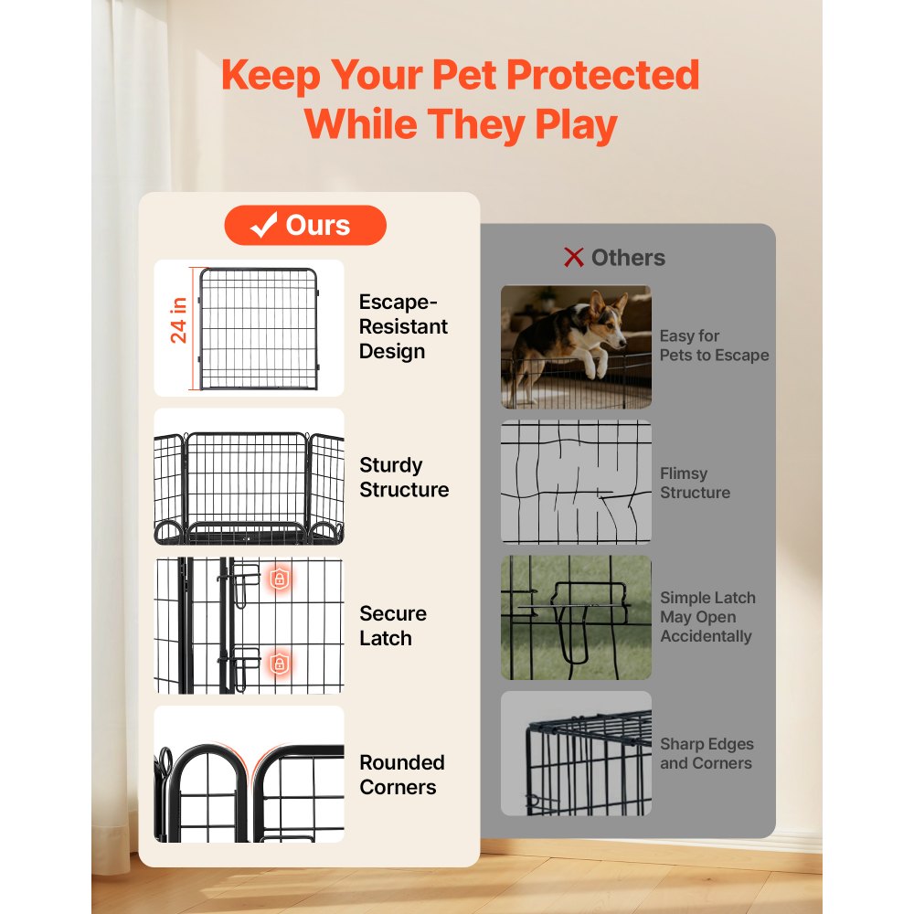 VEVOR Dog Playpen 24 Inch 8 Panels Foldable Exercise Pen with Bottom Pad, Indoor Metal Pet Fence with Door, Heavy Duty Puppy Crate Kennel, Pet Playpen for Dogs, Cats, and Other Small Animals, Black