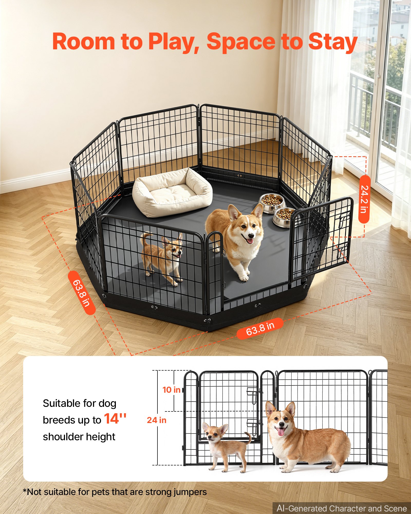 VEVOR Dog Playpen 24 Inch 8 Panels Foldable Exercise Pen with Bottom Pad, Indoor Metal Pet Fence with Door, Heavy Duty Puppy Crate Kennel, Pet Playpen for Dogs, Cats, and Other Small Animals, Black