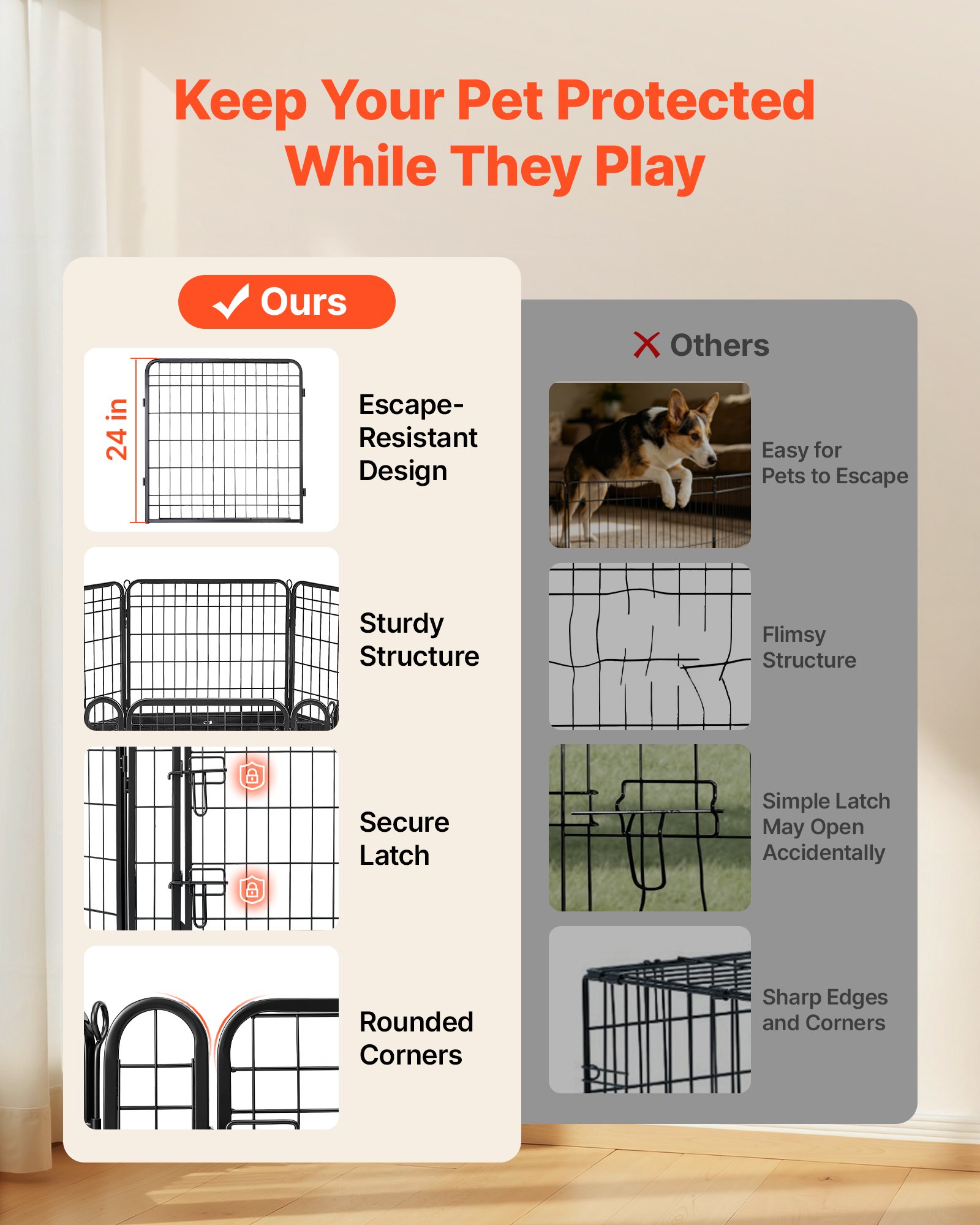 VEVOR Dog Playpen 24 Inch 8 Panels Foldable Exercise Pen with Bottom Pad, Indoor Metal Pet Fence with Door, Heavy Duty Puppy Crate Kennel, Pet Playpen for Dogs, Cats, and Other Small Animals, Black