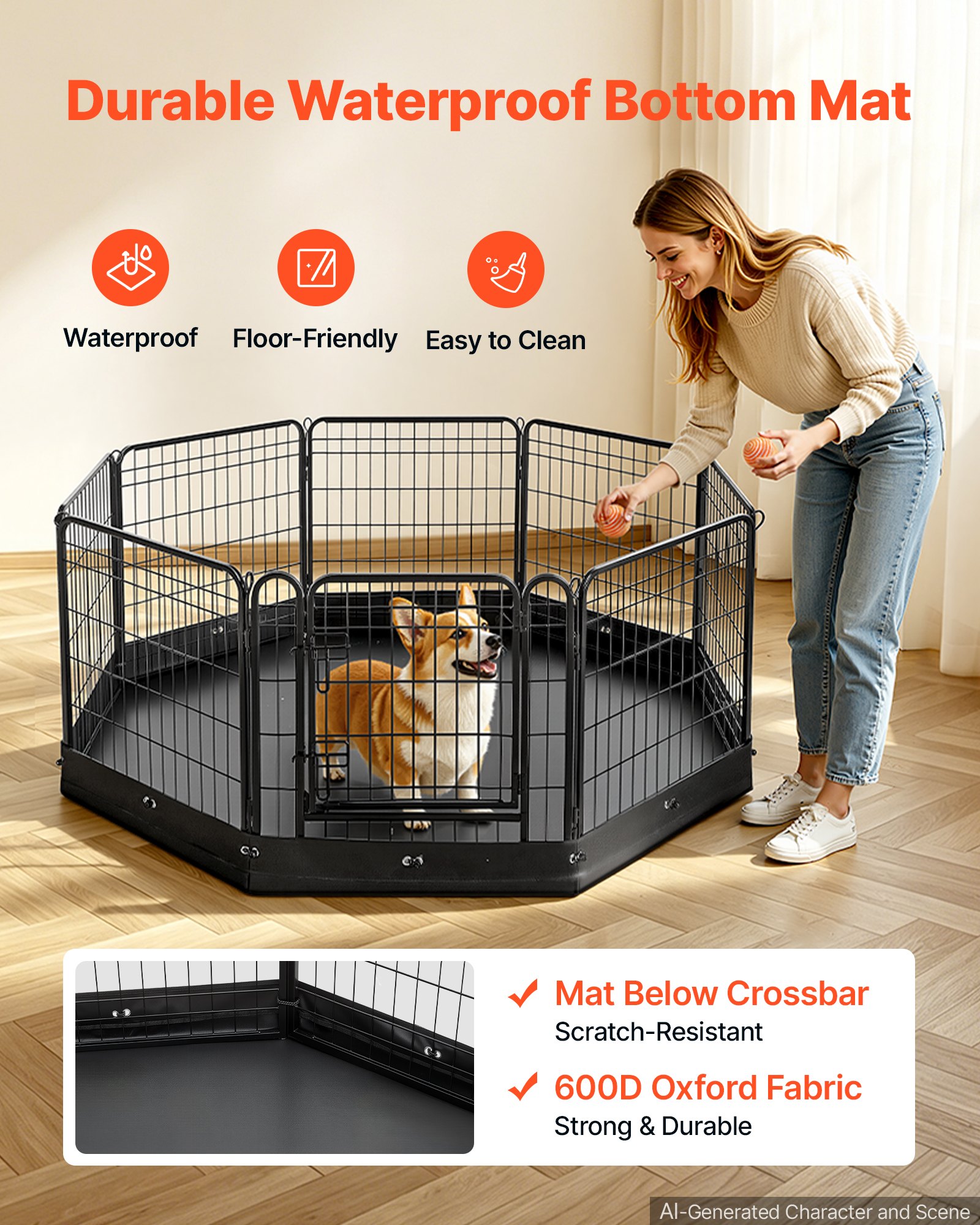 VEVOR Dog Playpen 24 Inch 8 Panels Foldable Exercise Pen with Bottom Pad, Indoor Metal Pet Fence with Door, Heavy Duty Puppy Crate Kennel, Pet Playpen for Dogs, Cats, and Other Small Animals, Black