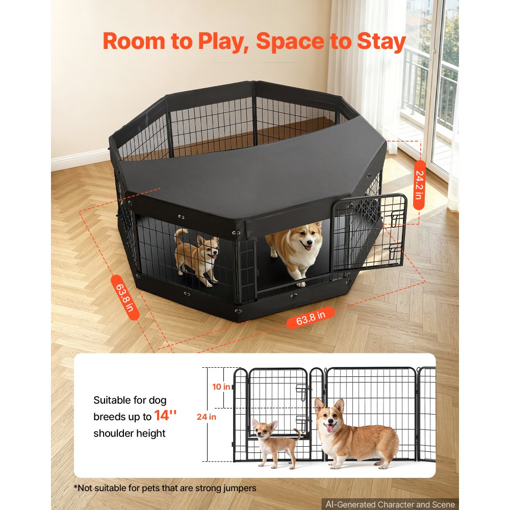 VEVOR Dog Playpen 24 Inch 8 Panels Heavy Duty with Top Cover & Bottom Pad, Indoor Foldable Metal Exercise Pen Pet Fence with Door, Puppy Crate Kennel Pen for Dogs, Cats, and Other Small Animals, Black