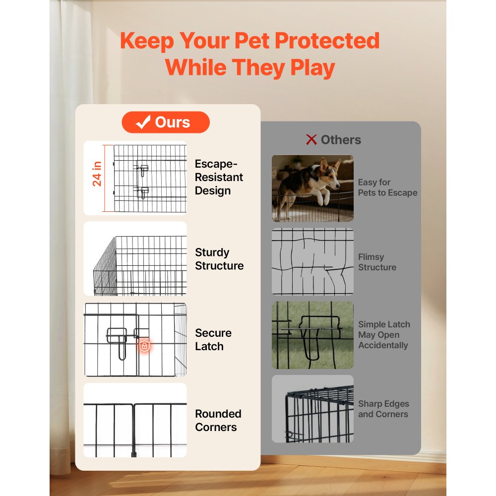 VEVOR Dog Playpen 24 Inch 8 Panels Heavy Duty with Top Cover & Bottom Pad, Indoor Foldable Metal Exercise Pen Pet Fence with Door, Puppy Crate Kennel Pen for Dogs, Cats, and Other Small Animals, Black