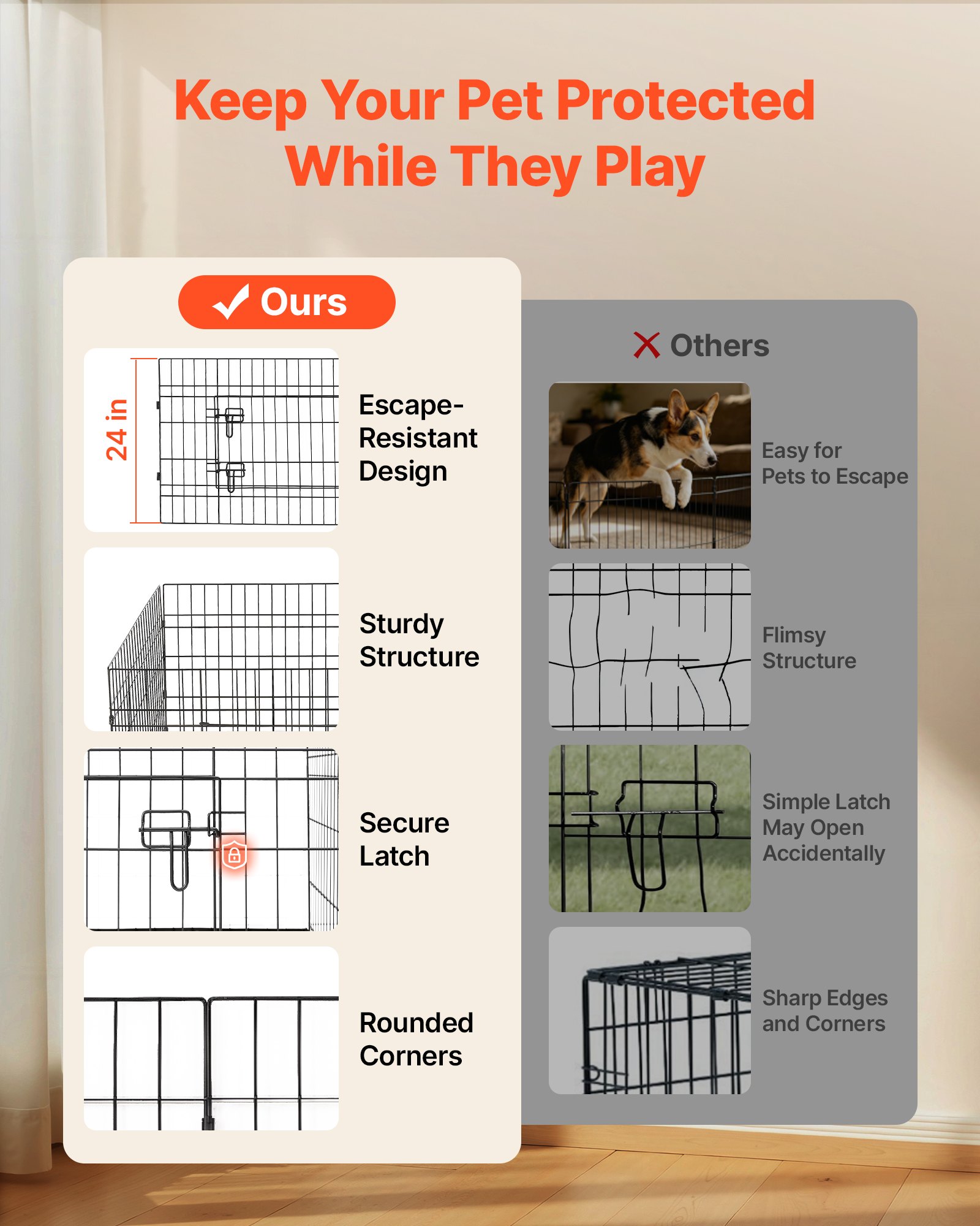 VEVOR Dog Playpen 24 Inch 8 Panels Heavy Duty with Top Cover & Bottom Pad, Indoor Foldable Metal Exercise Pen Pet Fence with Door, Puppy Crate Kennel Pen for Dogs, Cats, and Other Small Animals, Black