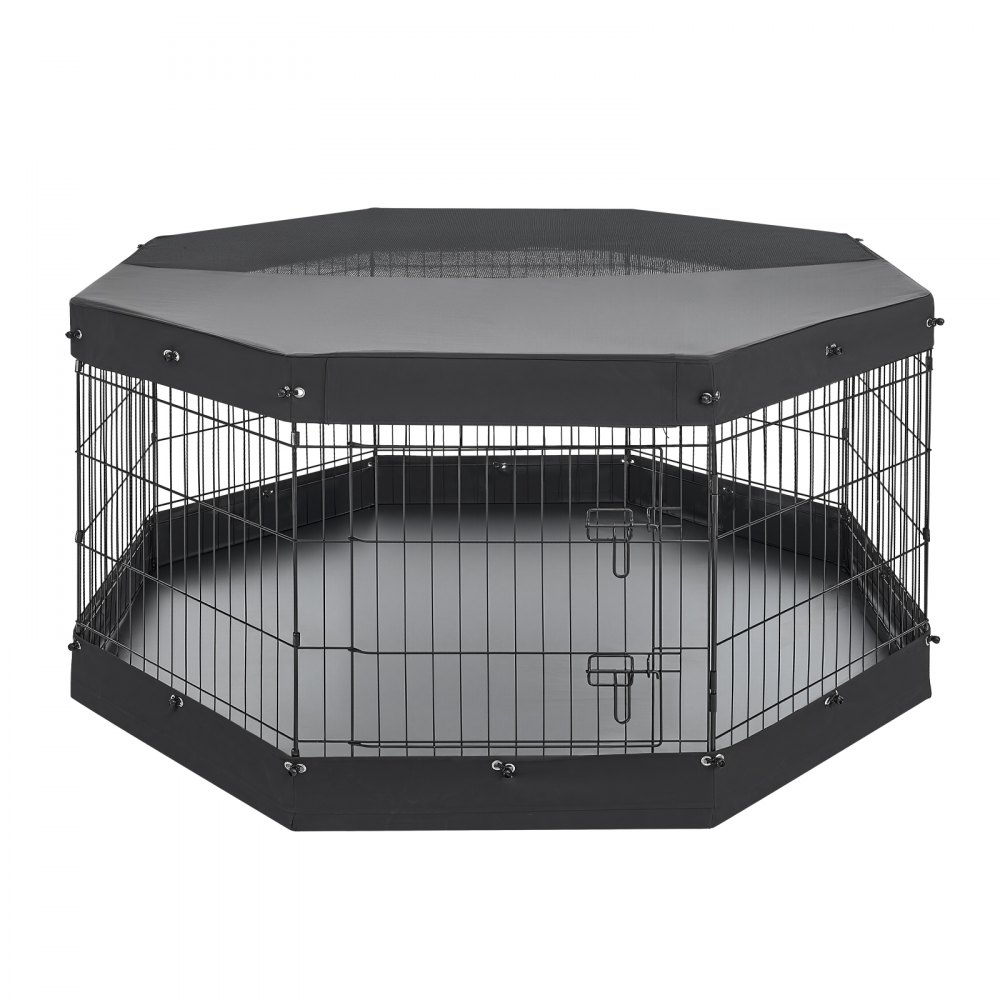 VEVOR Dog Playpen 30 Inch 8 Panels Exercise Pen with Top Cover & Bottom Pad, Indoor Foldable Metal Pet Fence with Door, Heavy Duty Puppy Crate Kennel Pen for Dogs, Cats, and Other Small Animals, Black